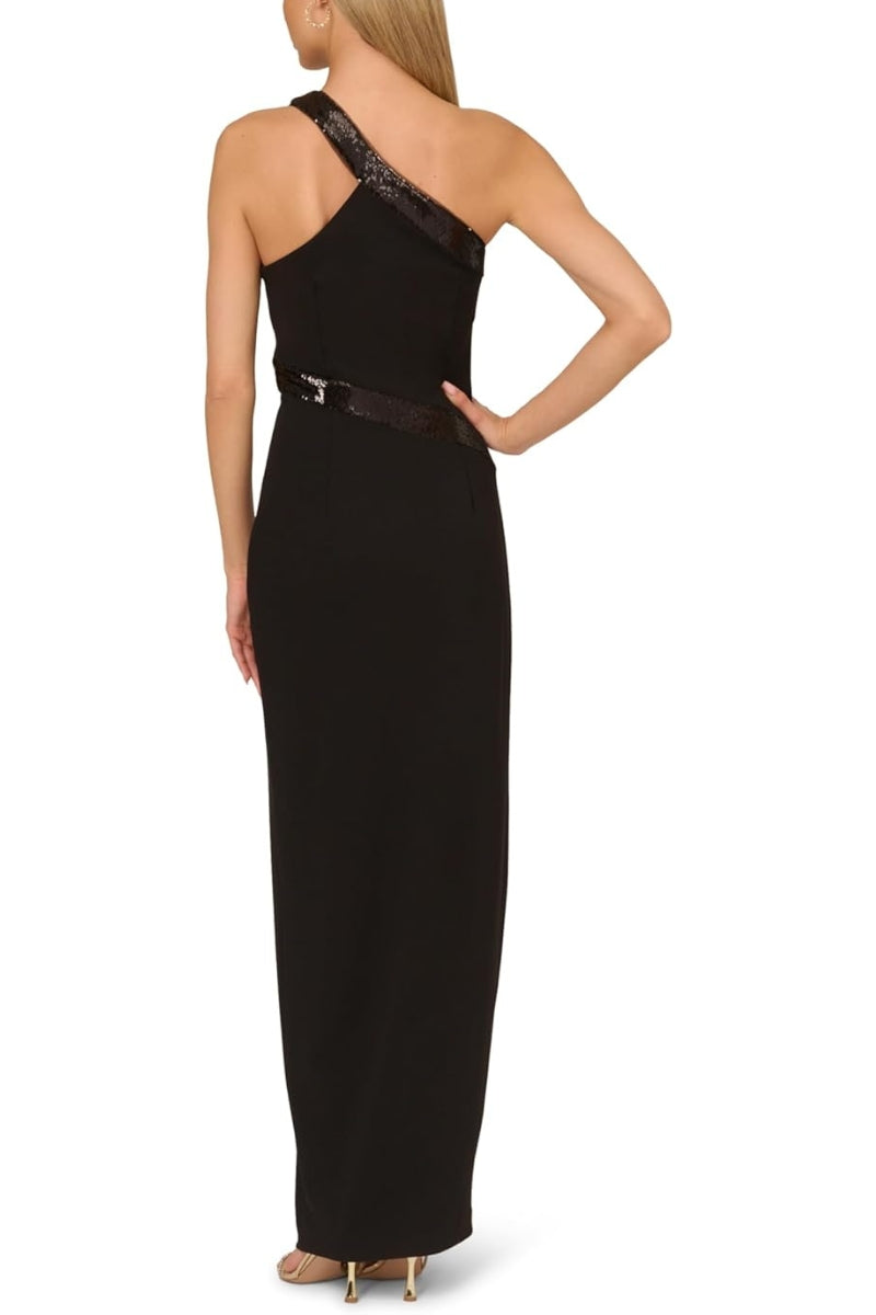 Adrianna Papell Asymmetric One-Shoulder Embellished Sequin Trim Side-Zip Closure Crepe Gown Dress