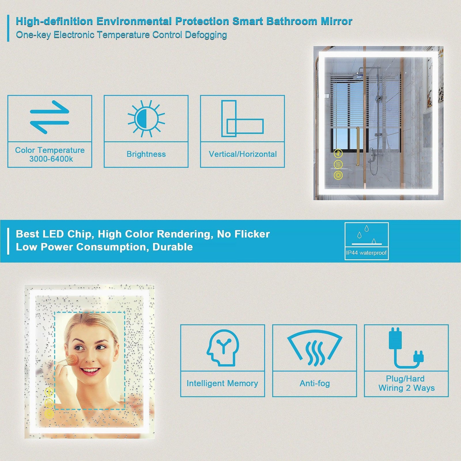 GlareGuard Anti-Fog Bathroom Led Mirror Backlit Illuminated Mirror Touch Switch Dimmable