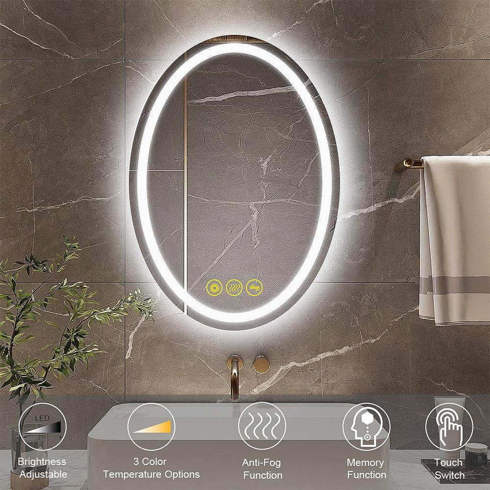 SmartReflex Oval LED Mirror Backlit 3000K-6400K Frameless Anti-Fog Dimmable Bathroom/Vanity Mirror
