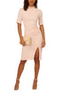 Adrianna Papell Joyful Blush High Collar Embellished Short Sleeve Crepe Midi Sheath Dress