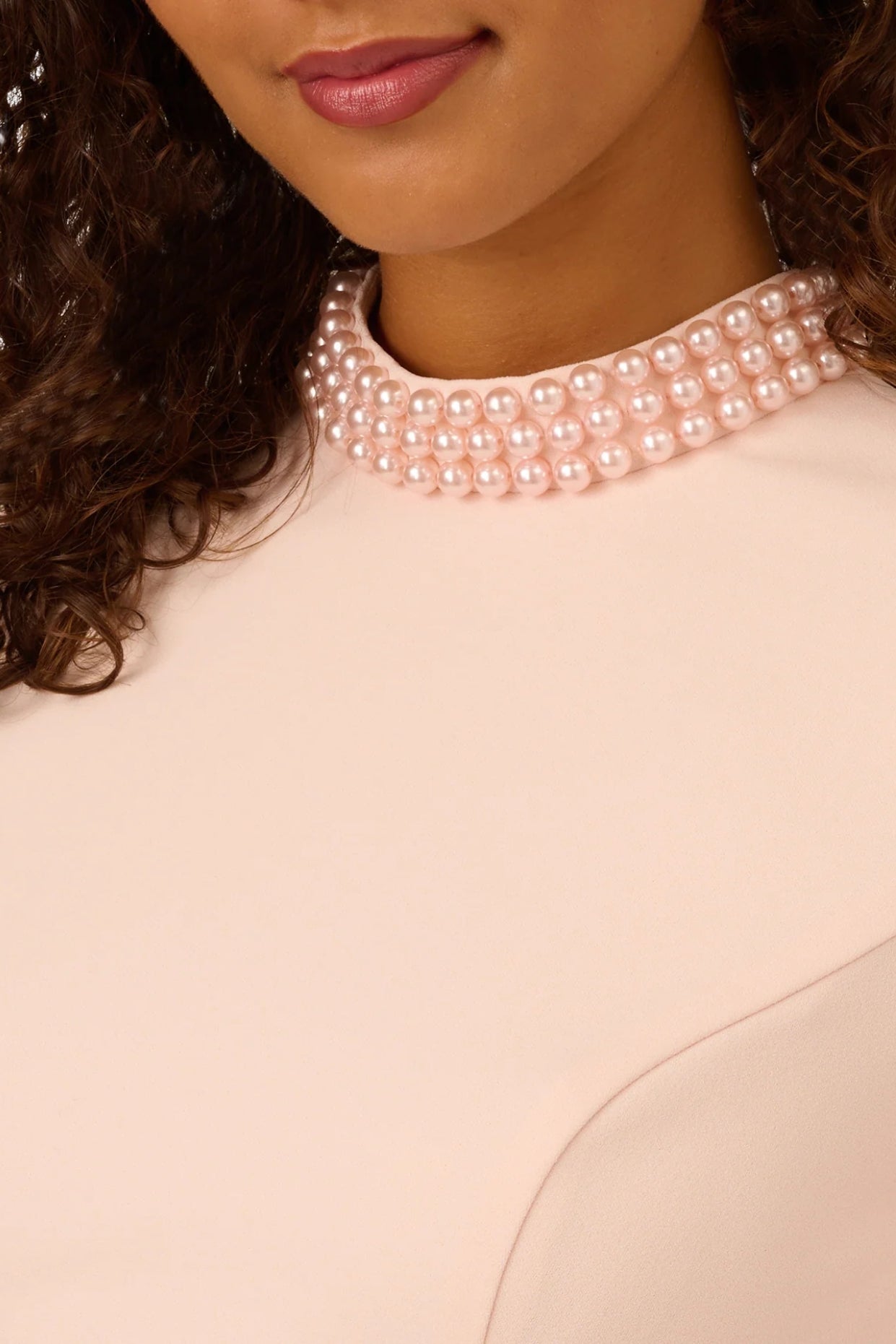 Adrianna Papell Joyful Blush High Collar Embellished Short Sleeve Crepe Midi Sheath Dress