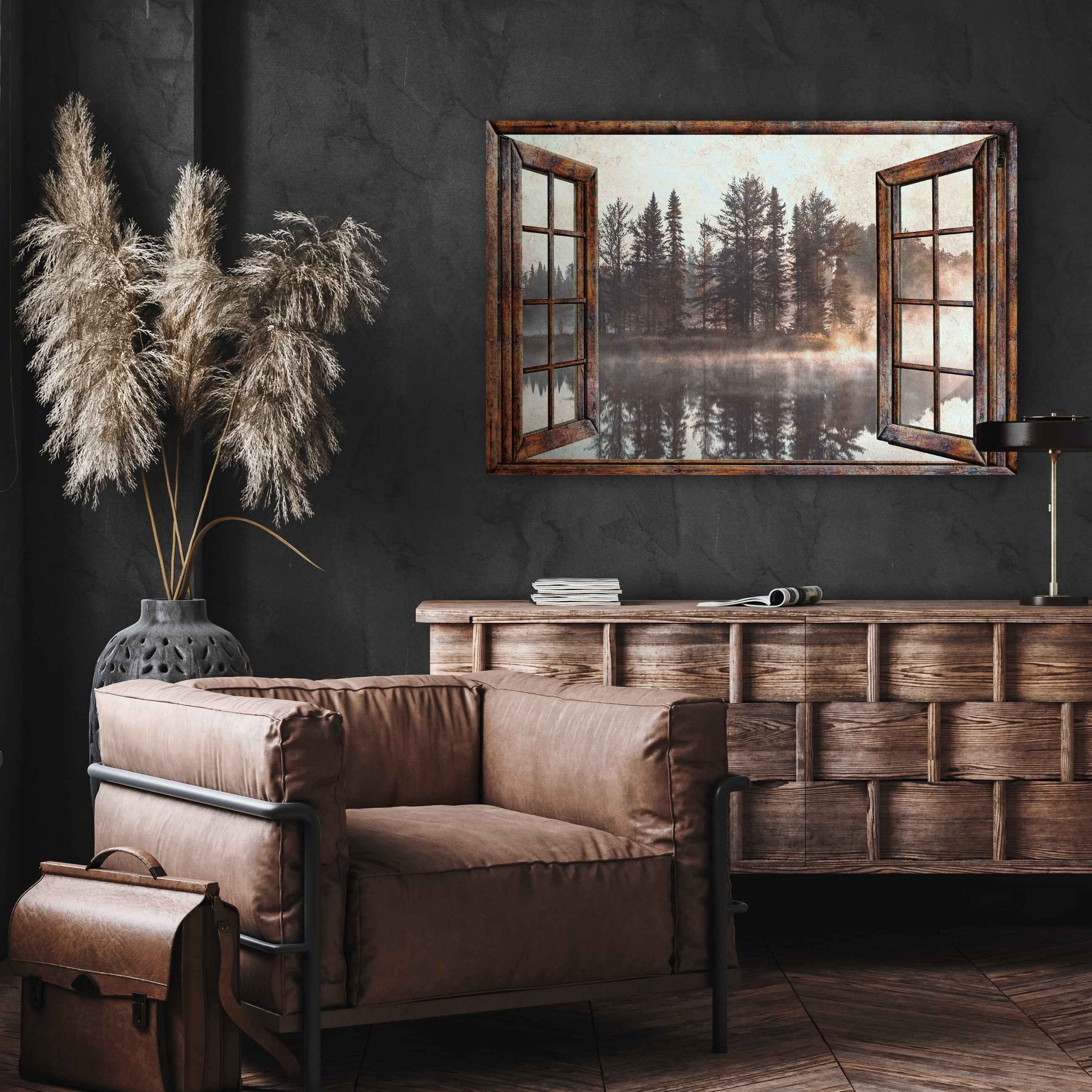 Foggy Autumn Lake View By The Window Canvas Wall Art