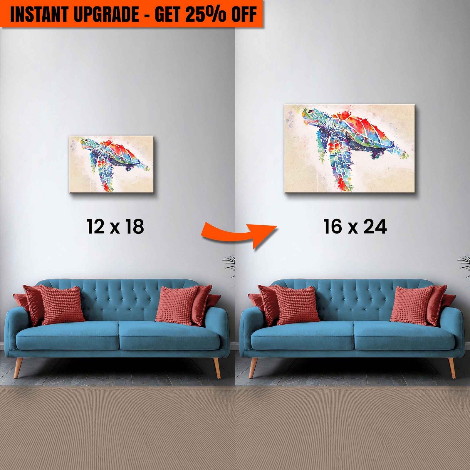 Upgrade Your 12x18 Inches 'Coral Reef Sea Turtle Watercolor' Canvas to 16x24 Inches