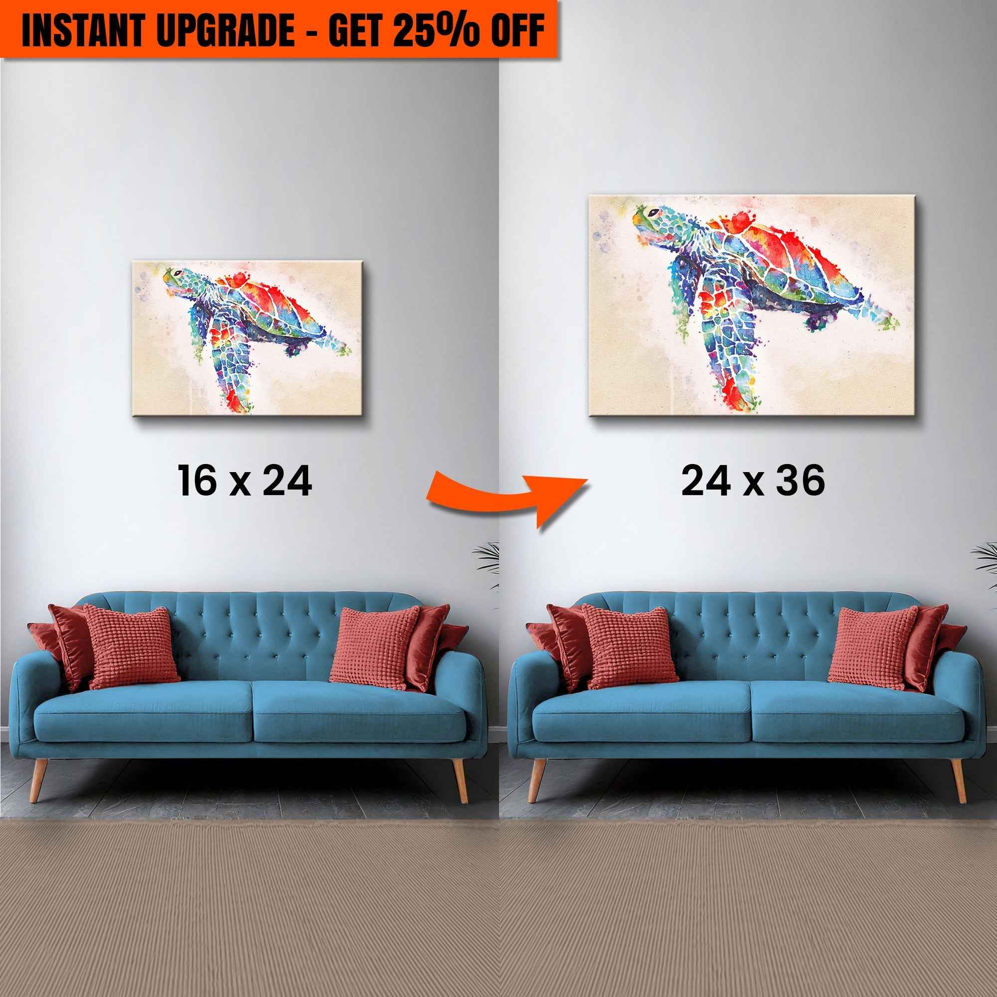 Upgrade Your 24x16 Inches 'Coral Reef Sea Turtle Watercolor' Canvas To 36x24 Inches