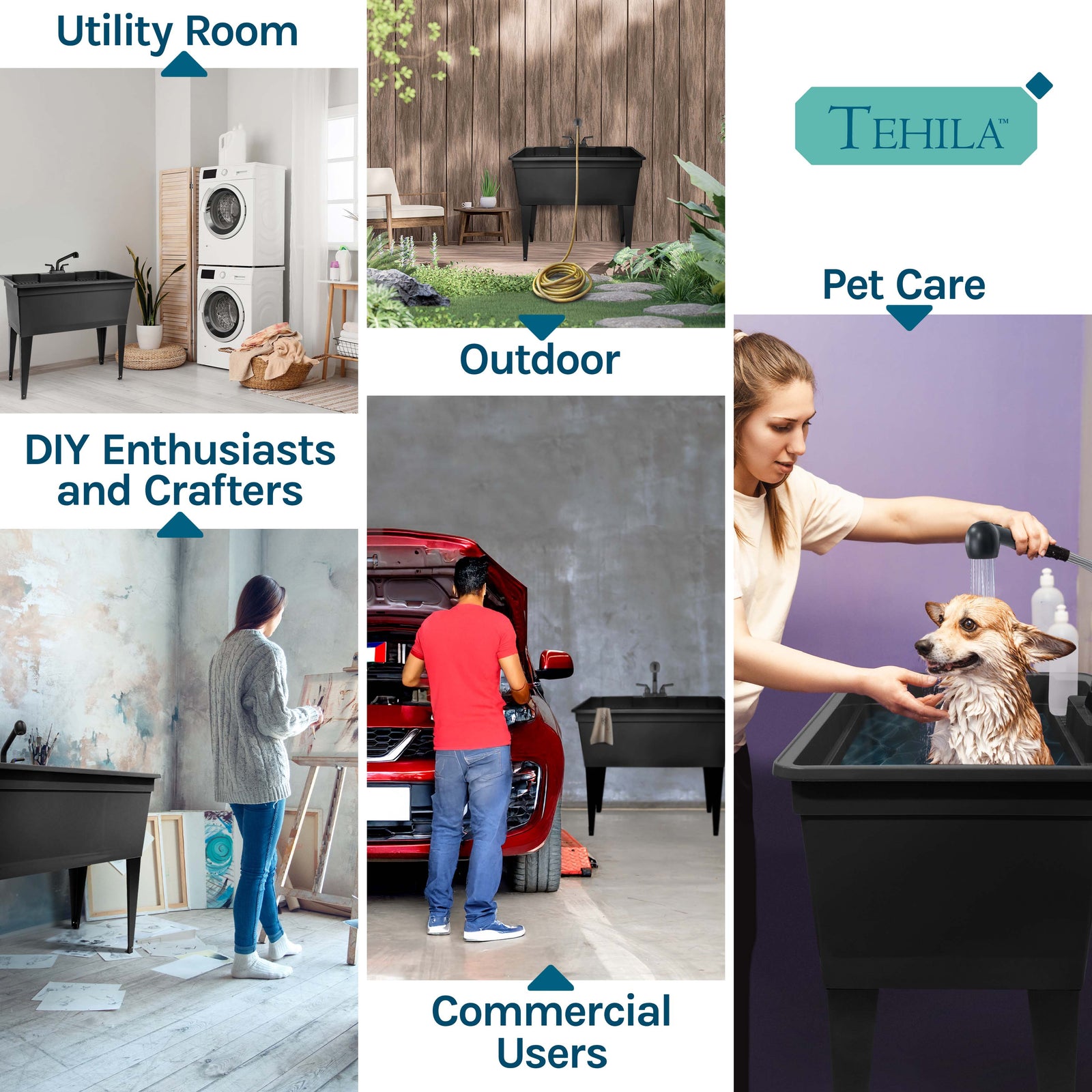 Tehila Freestanding Double-Wide Black Utility Sink with Steel Legs & Black Pull-Out Faucet, Multi-Purpose Heavy-Duty Laundry Tub and Kitchen Sink for Homes & Business