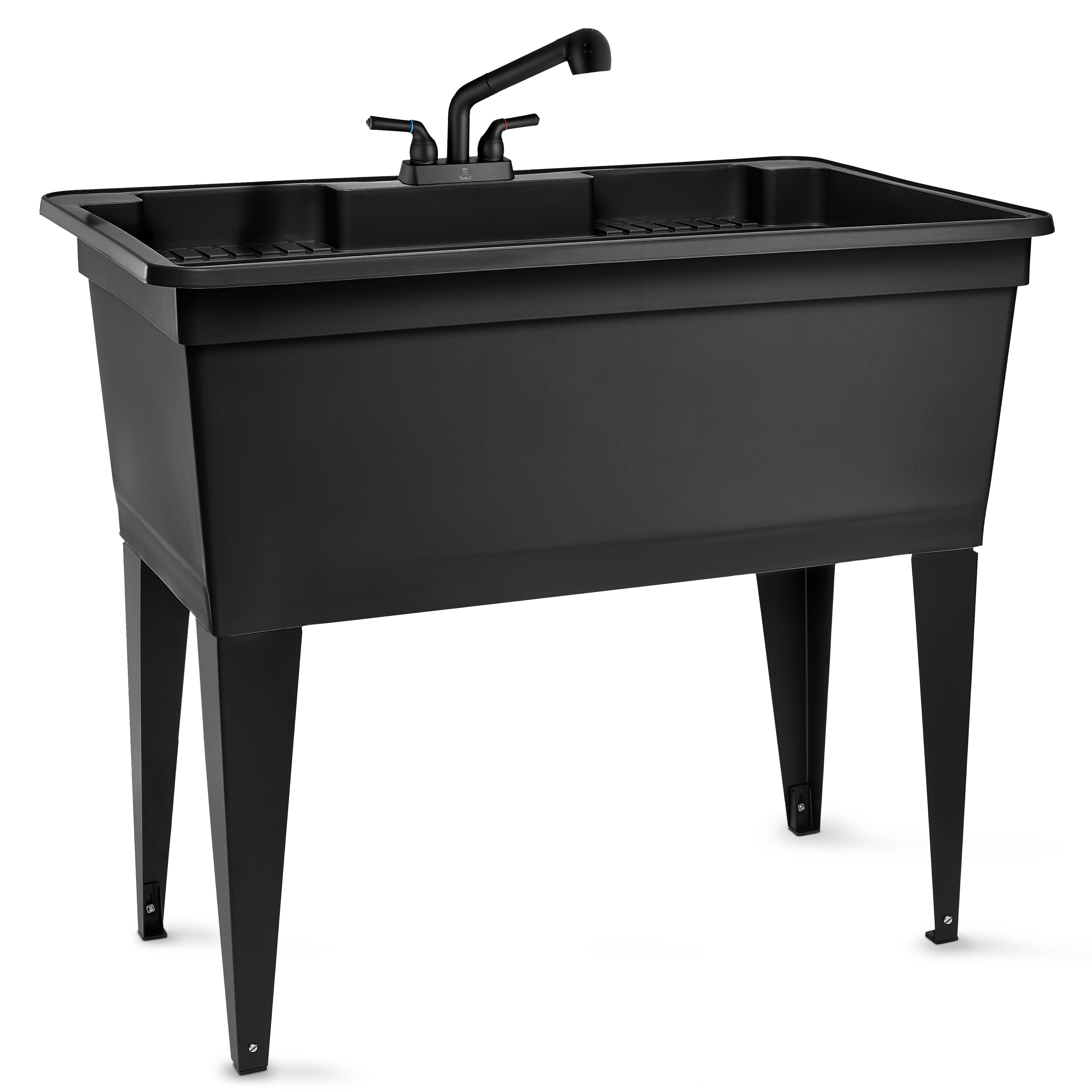 Tehila Freestanding Double-Wide Black Utility Sink with Steel Legs & Black Pull-Out Faucet, Multi-Purpose Heavy-Duty Laundry Tub and Kitchen Sink for Homes & Business
