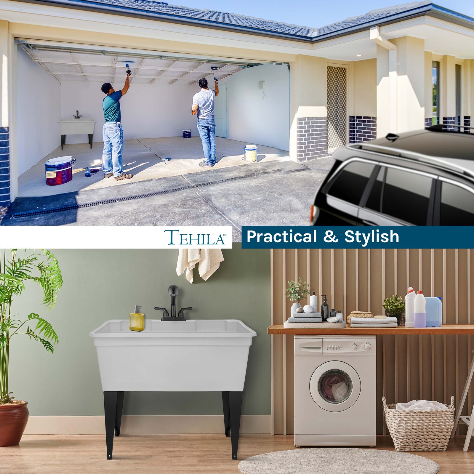 Tehila Freestanding Double-Wide White Utility Sink with Steel Legs & Black Pull-Out Faucet, Multi-Purpose Heavy-Duty Laundry Tub and Kitchen Sink for Homes & Business