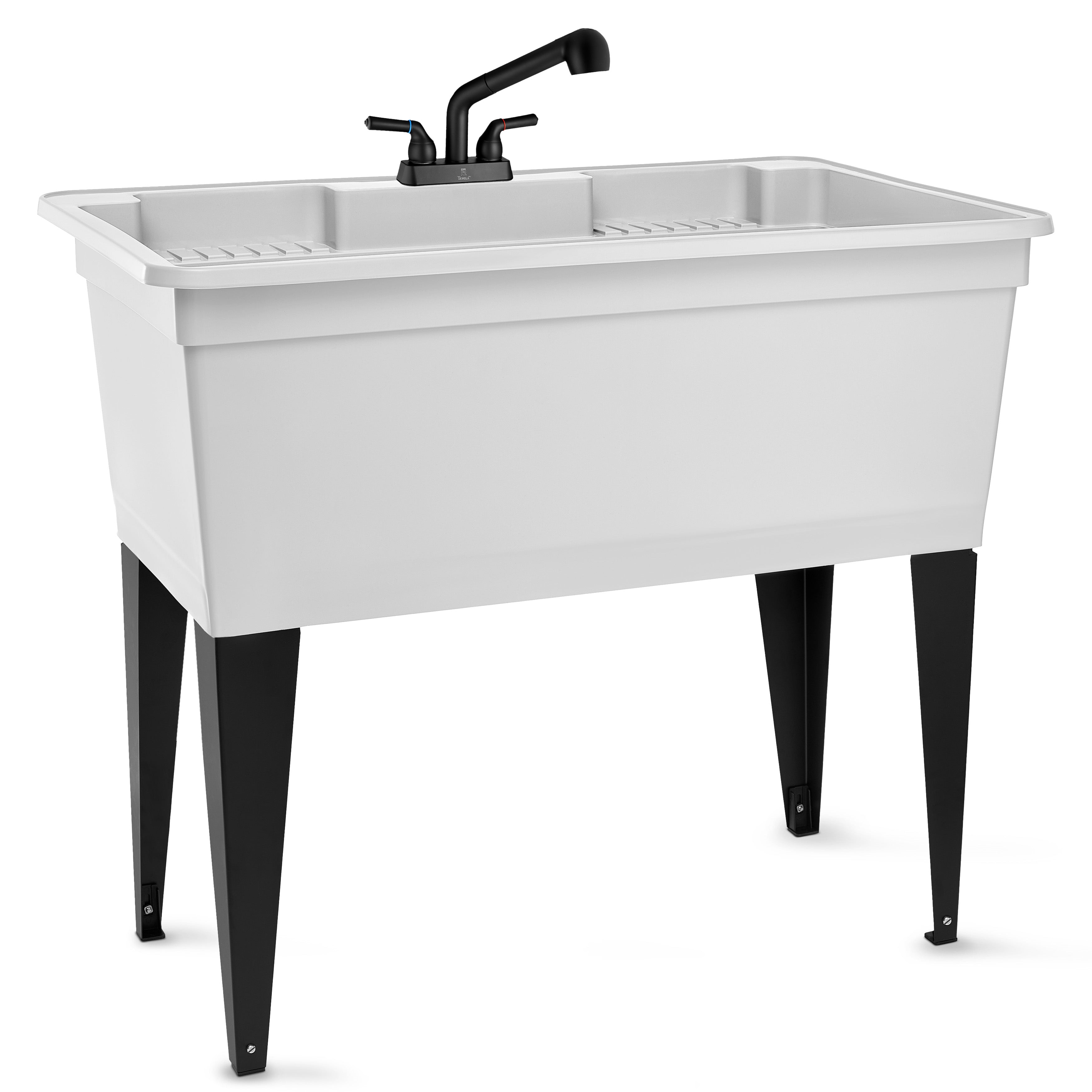Tehila Freestanding Double-Wide White Utility Sink with Steel Legs & Black Pull-Out Faucet, Multi-Purpose Heavy-Duty Laundry Tub and Kitchen Sink for Homes & Business