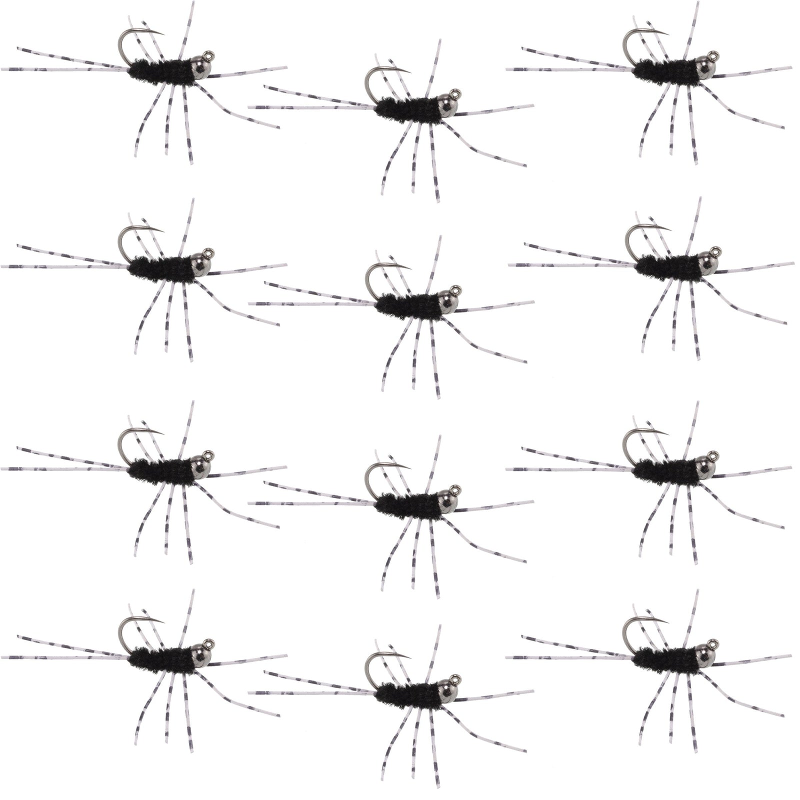 Barbless Pat's Barred Rubber Legs Tungsten Bead Jigged Black Euro Nymph  - Set of 12 Flies Hook Size 6