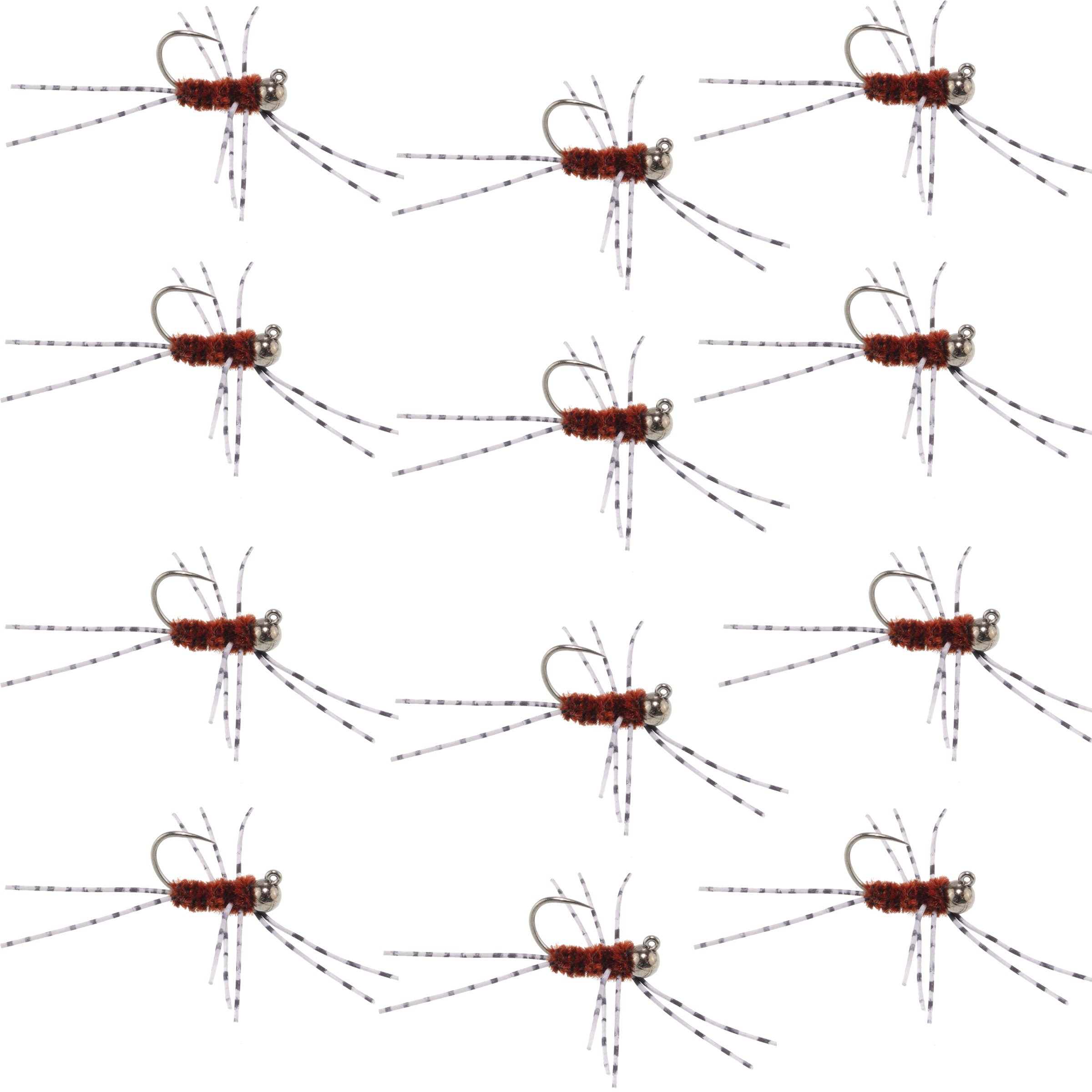 Barbless Pat's Barred Rubber Legs Tungsten Bead Jigged Brown Euro Nymph  - Set of 12 Flies Hook Size 6