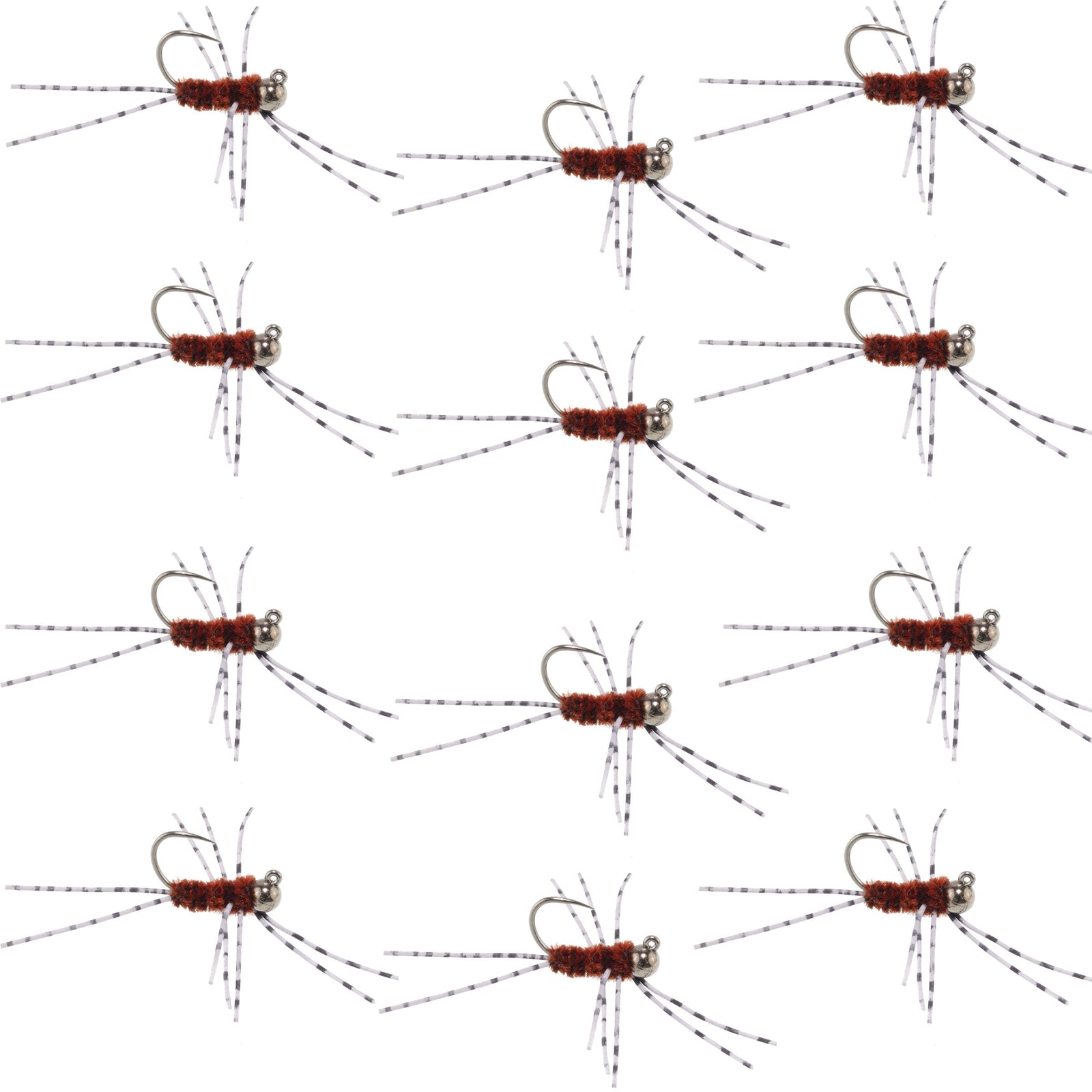 Barbless Pat's Barred Rubber Legs Tungsten Bead Jigged Brown Euro Nymph  - Set of 12 Flies Hook Size 6