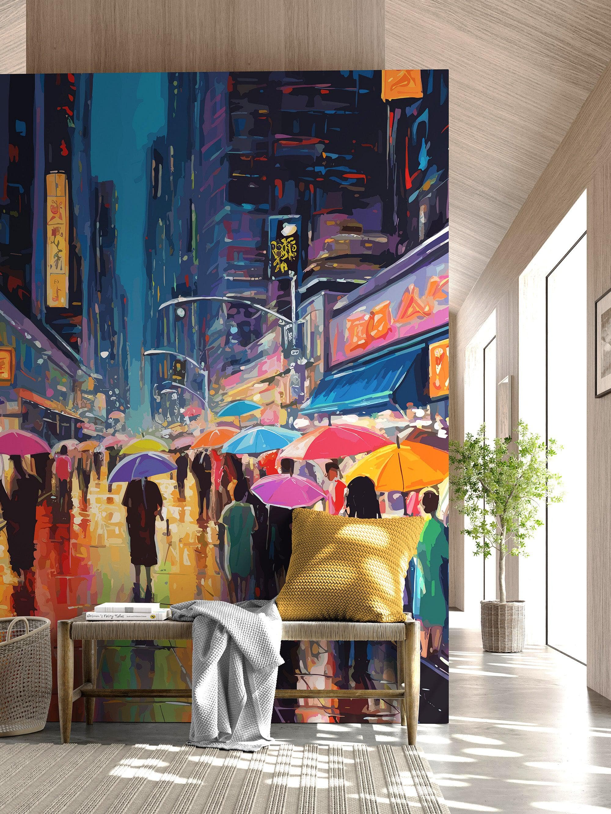 Raining Cityscape Wallpaper Mural - Abstract Color Mural. #6762