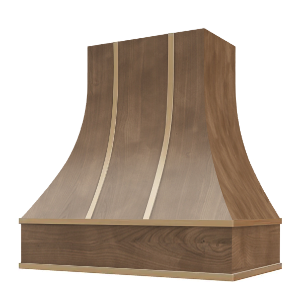 American Walnut Range Hood With Curved Front and Brass Strapping - 30