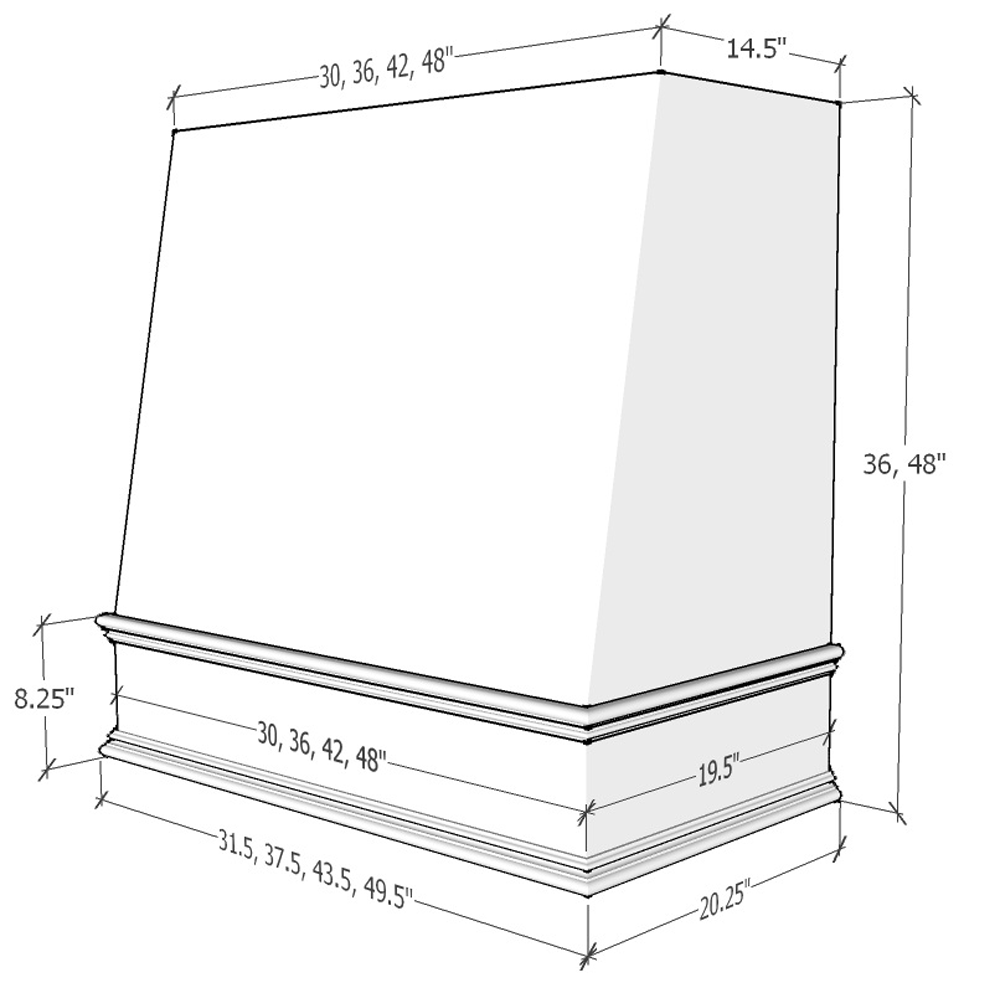 Unfinished Wood Range Hood With Angled Front and Decorative Trim - 30", 36", 42", 48", 54" and 60" Widths Available