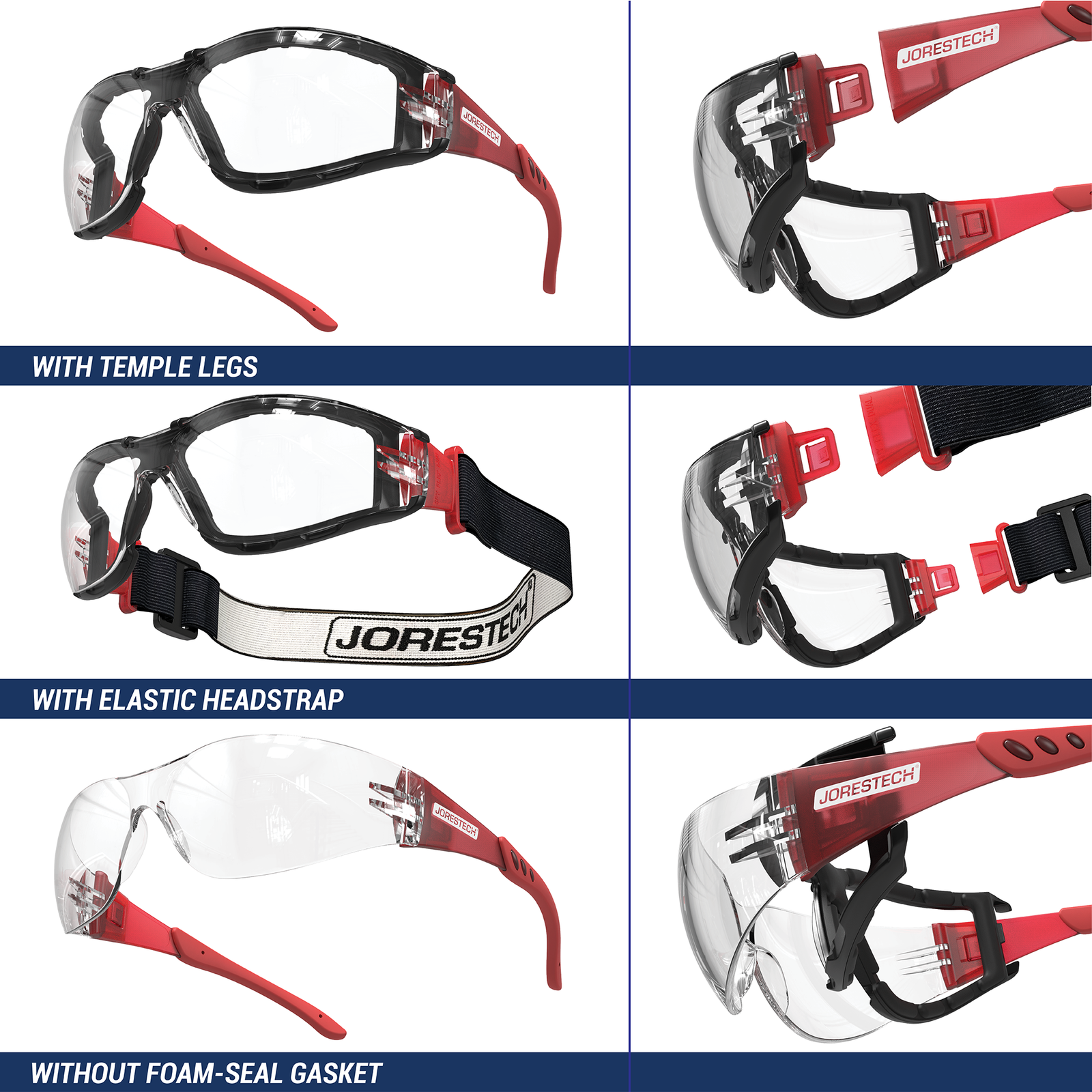 Anti-Fog Safety Glasses Convertible to Goggles with Removable Foam Seal, Temples & Headband