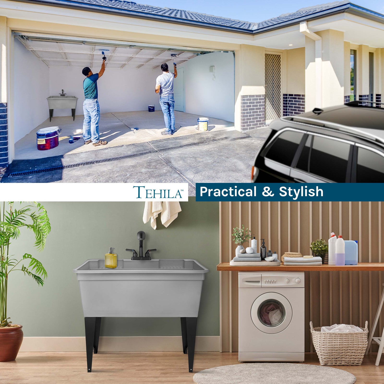 Tehila Freestanding Double-Wide Grey Utility Sink with Steel Legs & Black Pull-Out Faucet, Multi-Purpose Heavy-Duty Laundry Tub and Kitchen Sink for Homes & Business