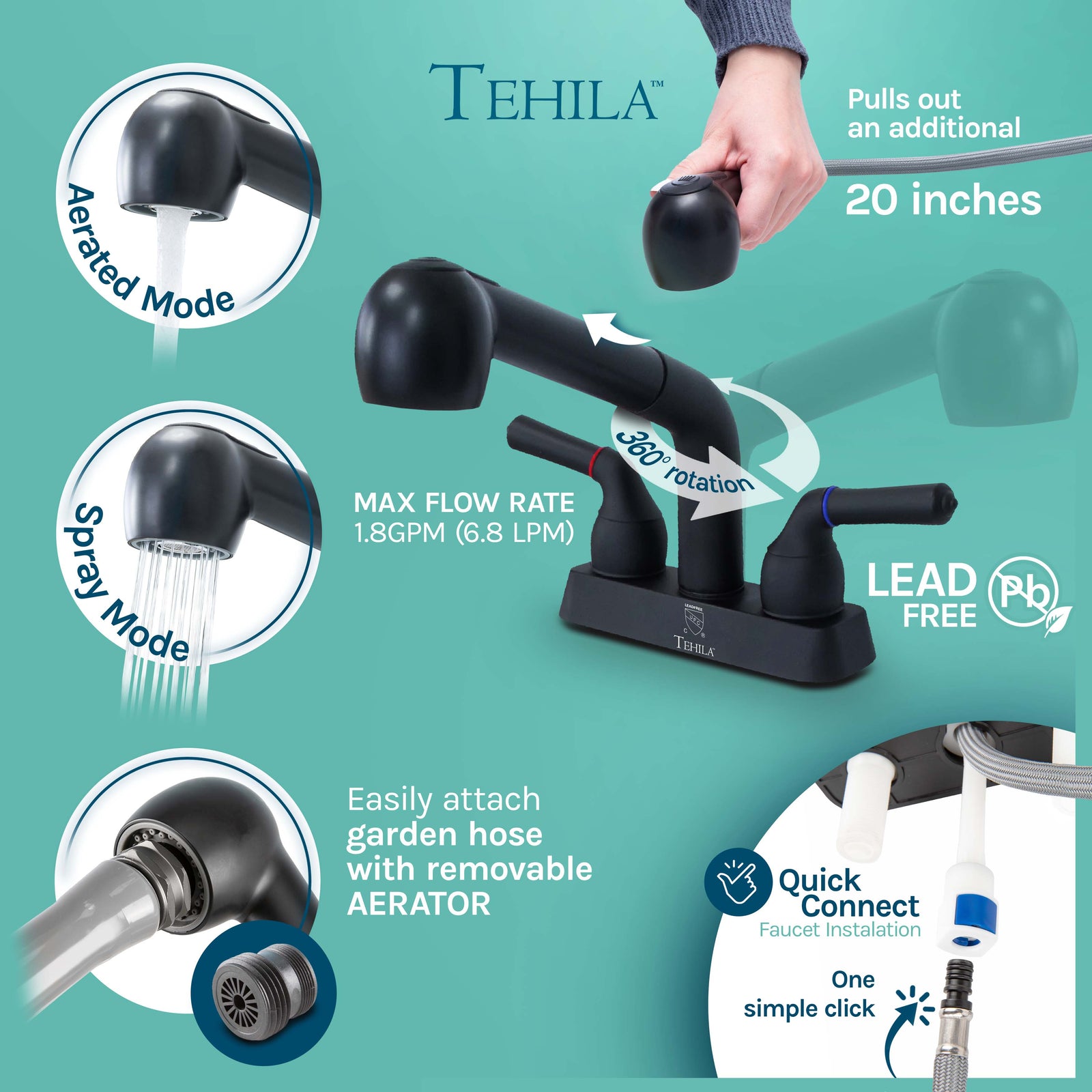 Tehila Freestanding Double-Wide Grey Utility Sink with Steel Legs & Black Pull-Out Faucet, Multi-Purpose Heavy-Duty Laundry Tub and Kitchen Sink for Homes & Business