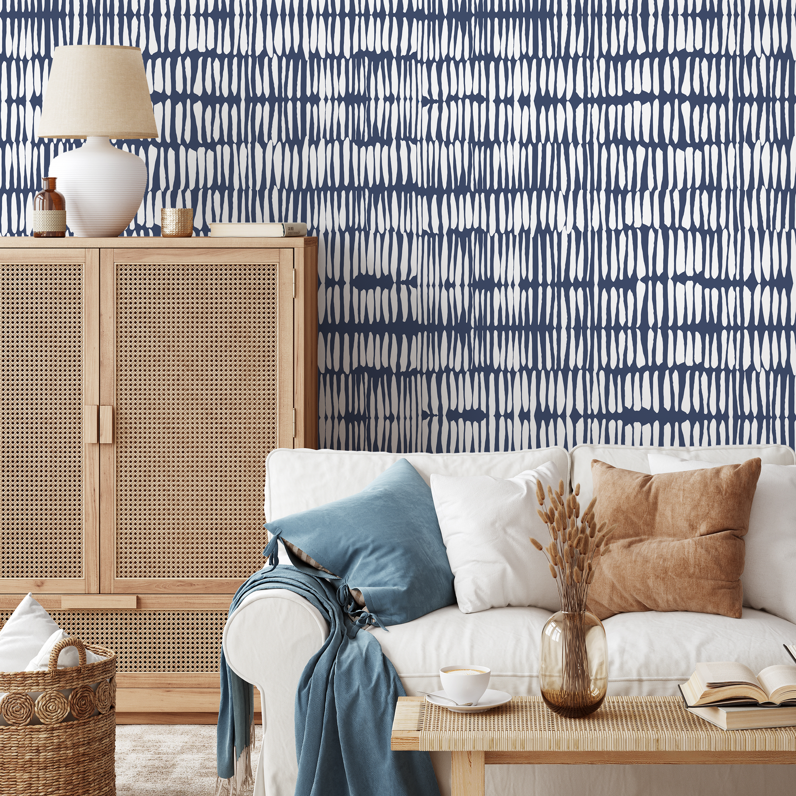 Abstract Wallpaper with Irregular Vertical Lines in Navy Blue and White - B087