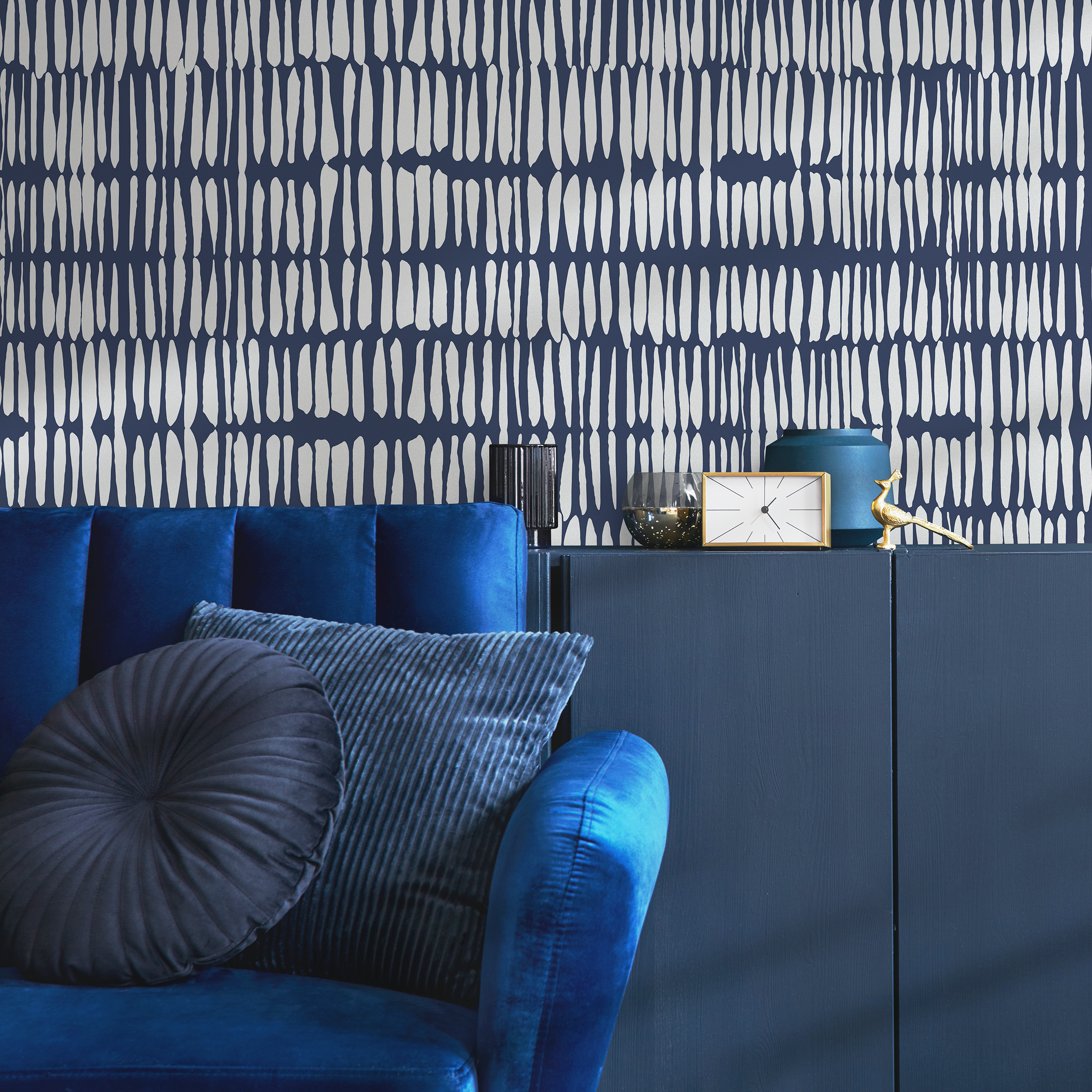 Abstract Wallpaper with Irregular Vertical Lines in Navy Blue and White - B087