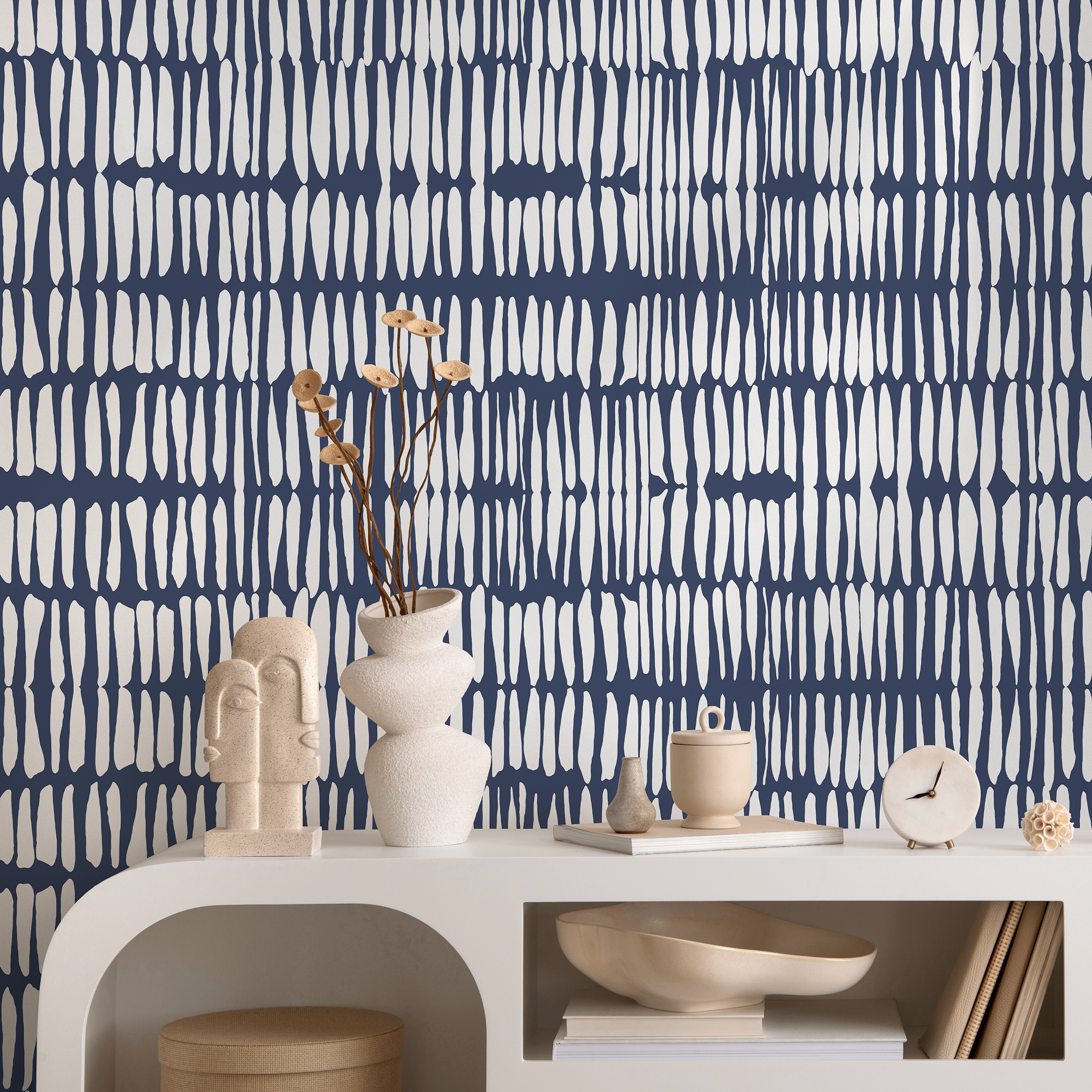 Abstract Wallpaper with Irregular Vertical Lines in Navy Blue and White - B087