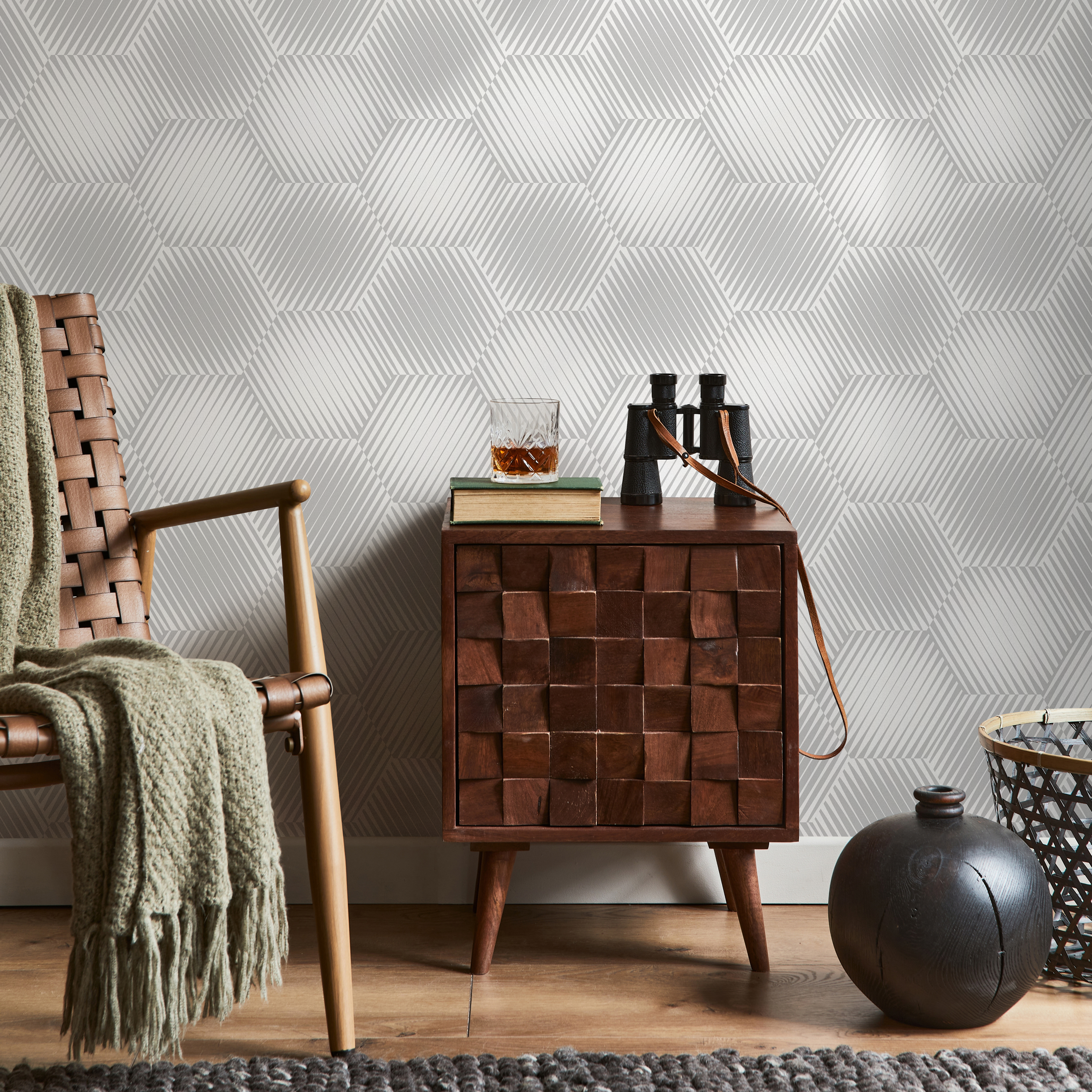 Geometric Wallpaper with an Optical Illusion Hexagon Motif in Light Grey - B304
