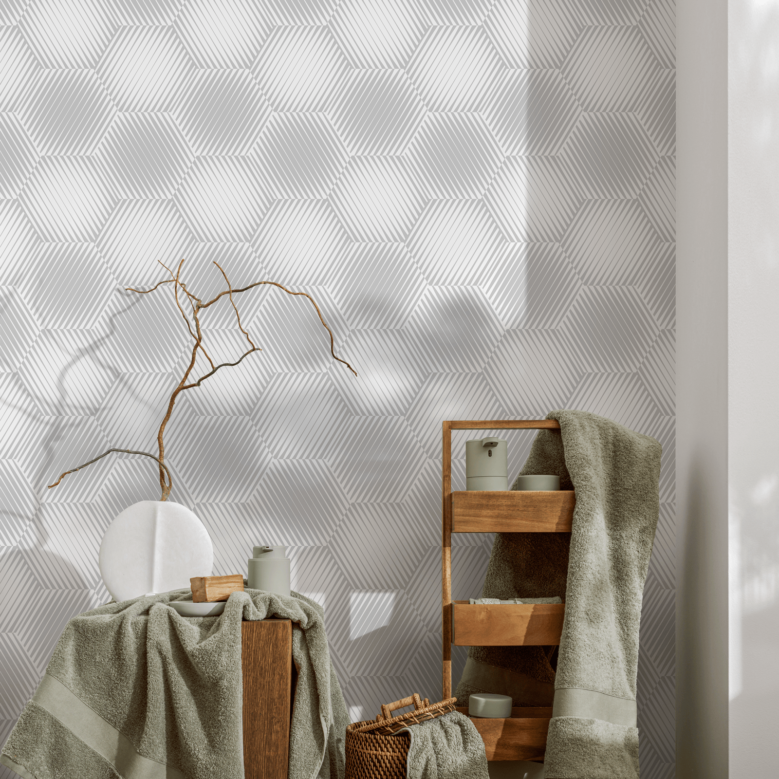 Geometric Wallpaper with an Optical Illusion Hexagon Motif in Light Grey - B304