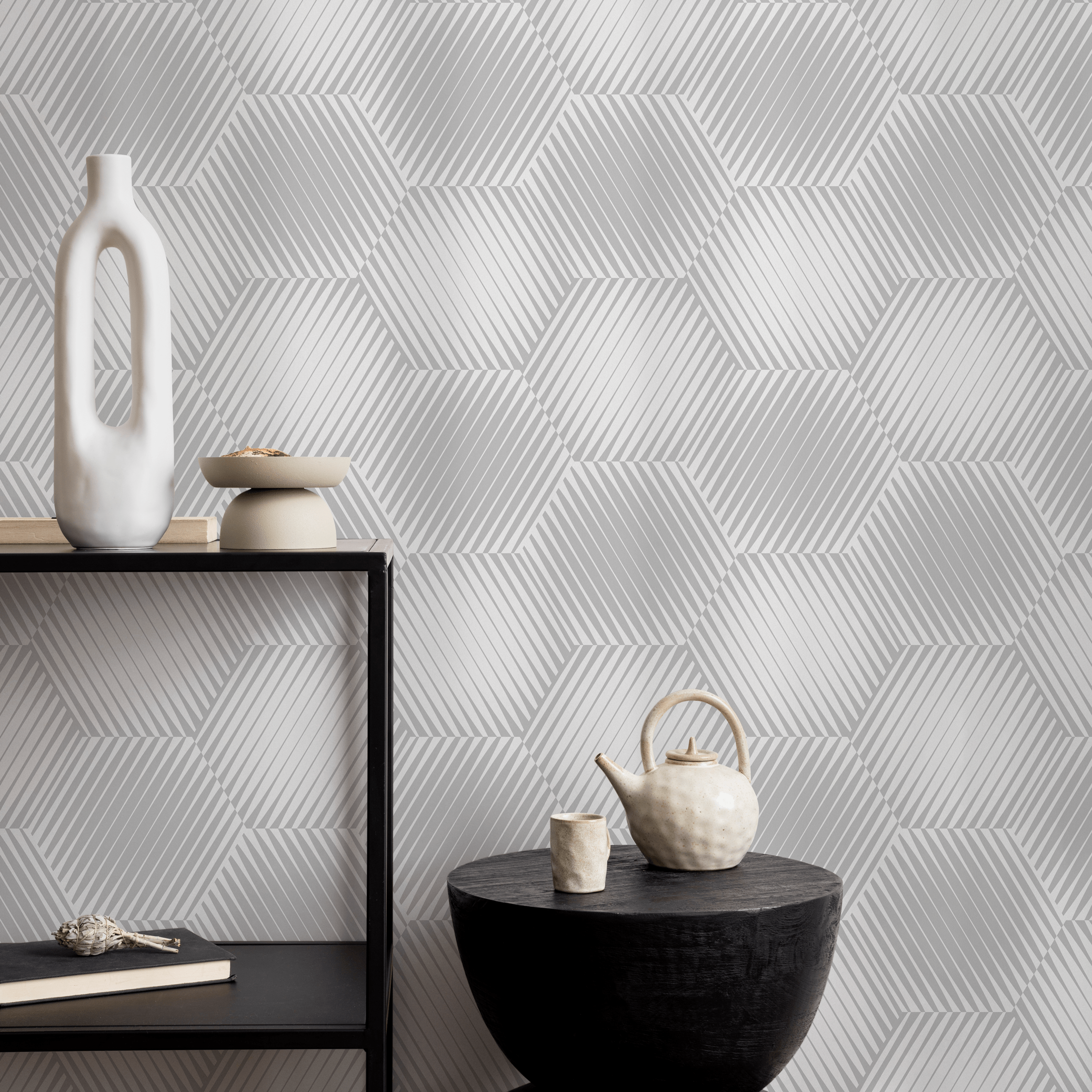Geometric Wallpaper with an Optical Illusion Hexagon Motif in Light Grey - B304