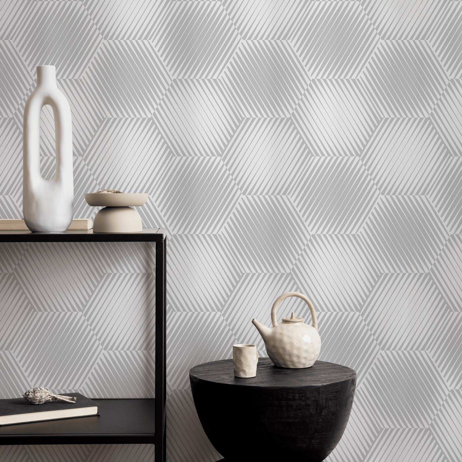 Geometric Wallpaper with an Optical Illusion Hexagon Motif in Light Grey - B304