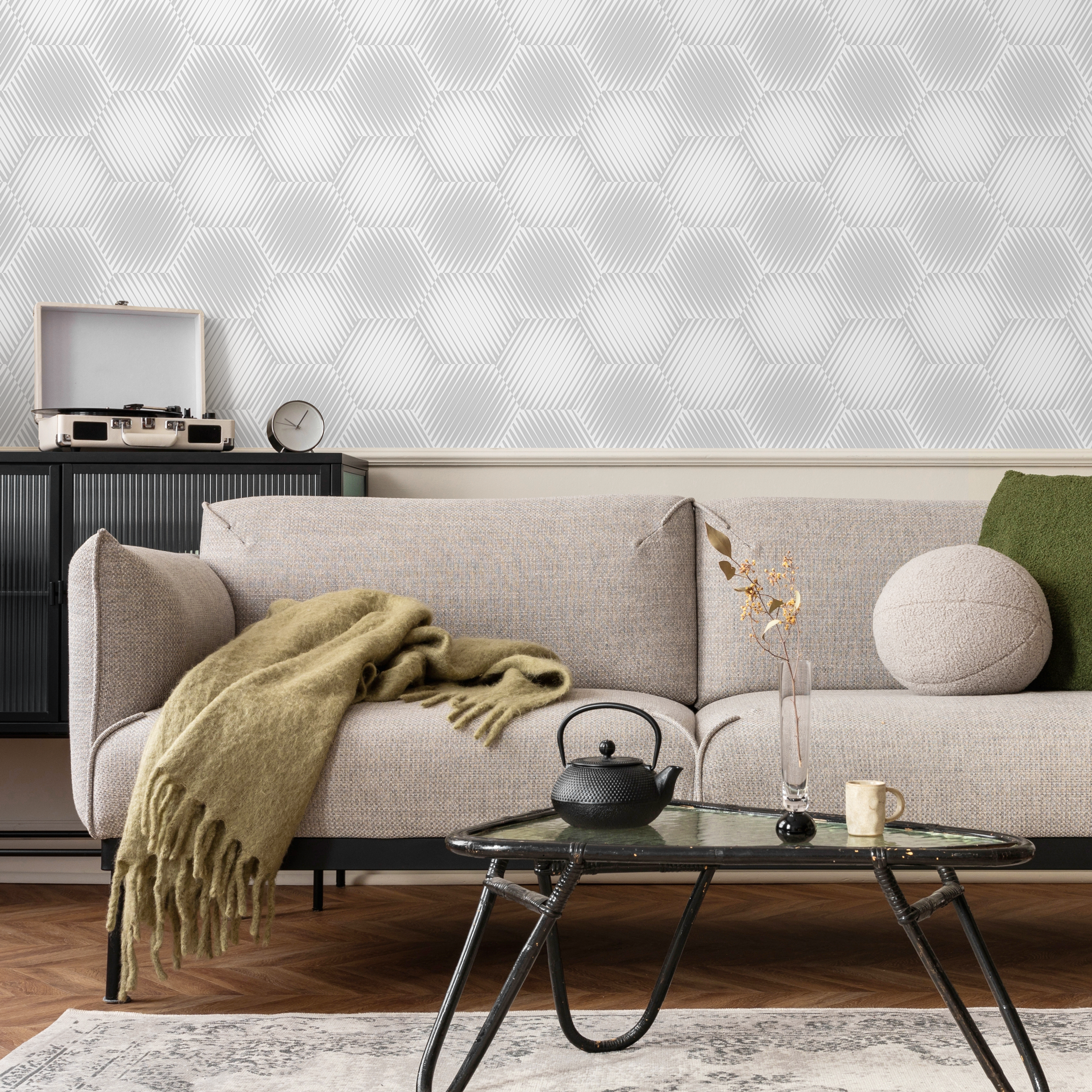 Geometric Wallpaper with an Optical Illusion Hexagon Motif in Light Grey - B304
