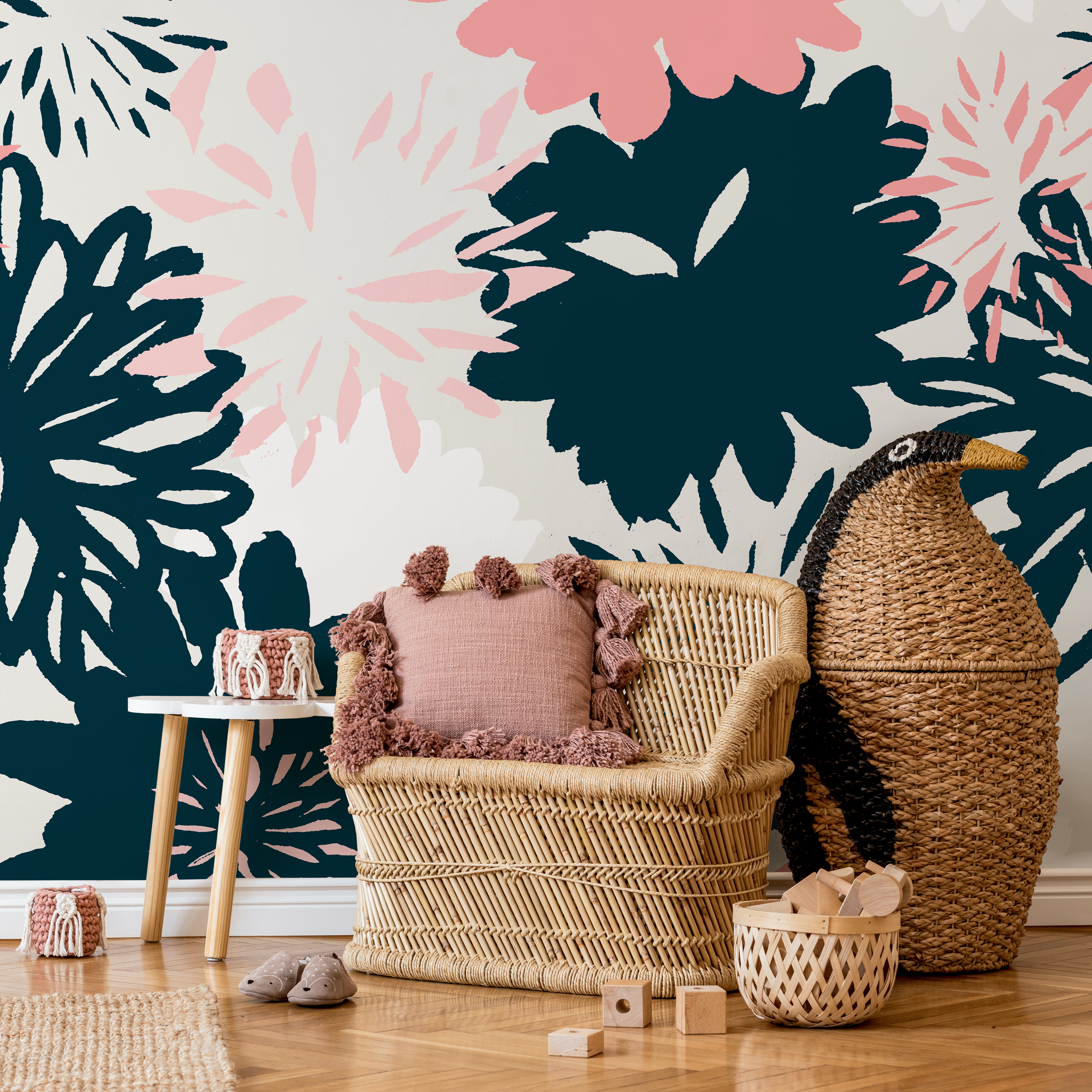 Abstract Floral Wallpaper with Bold Hand-Drawn Blooms in Navy Blue and Pink - B372