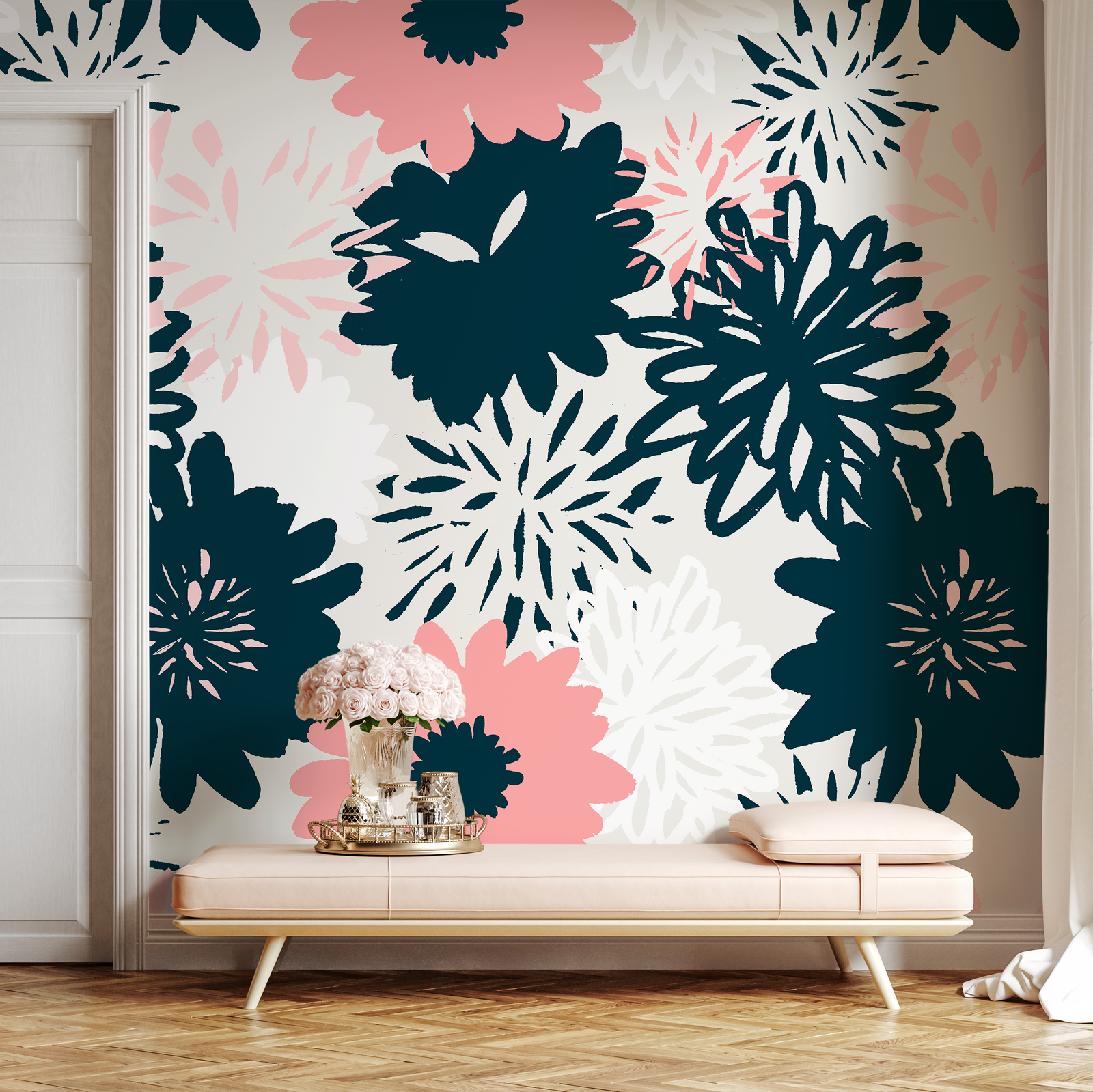 Abstract Floral Wallpaper with Bold Hand-Drawn Blooms in Navy Blue and Pink - B372