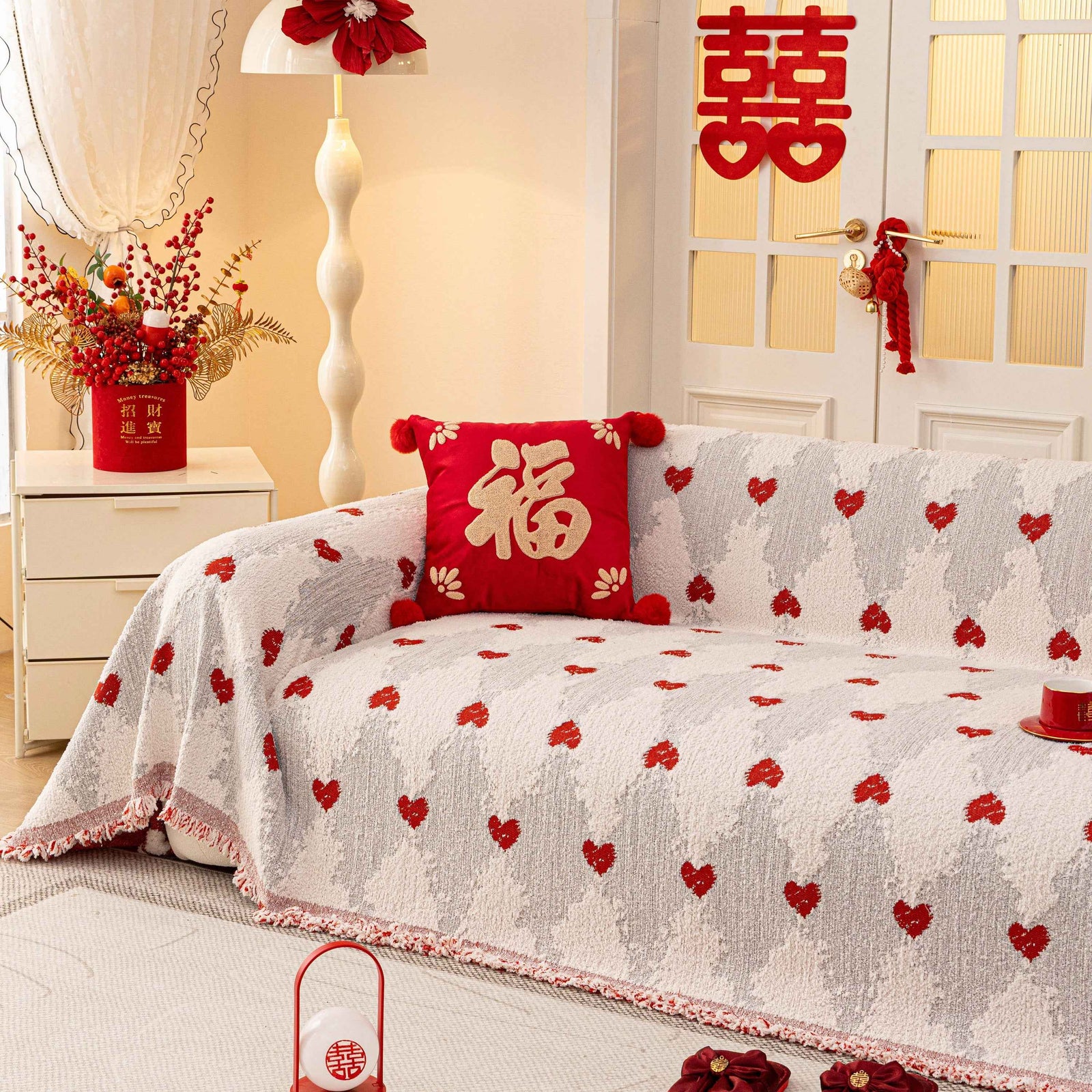 Chinese New Year Sofa Throw Cover Blanket, Decor Festive Red Fu Pattern Couch Cover
