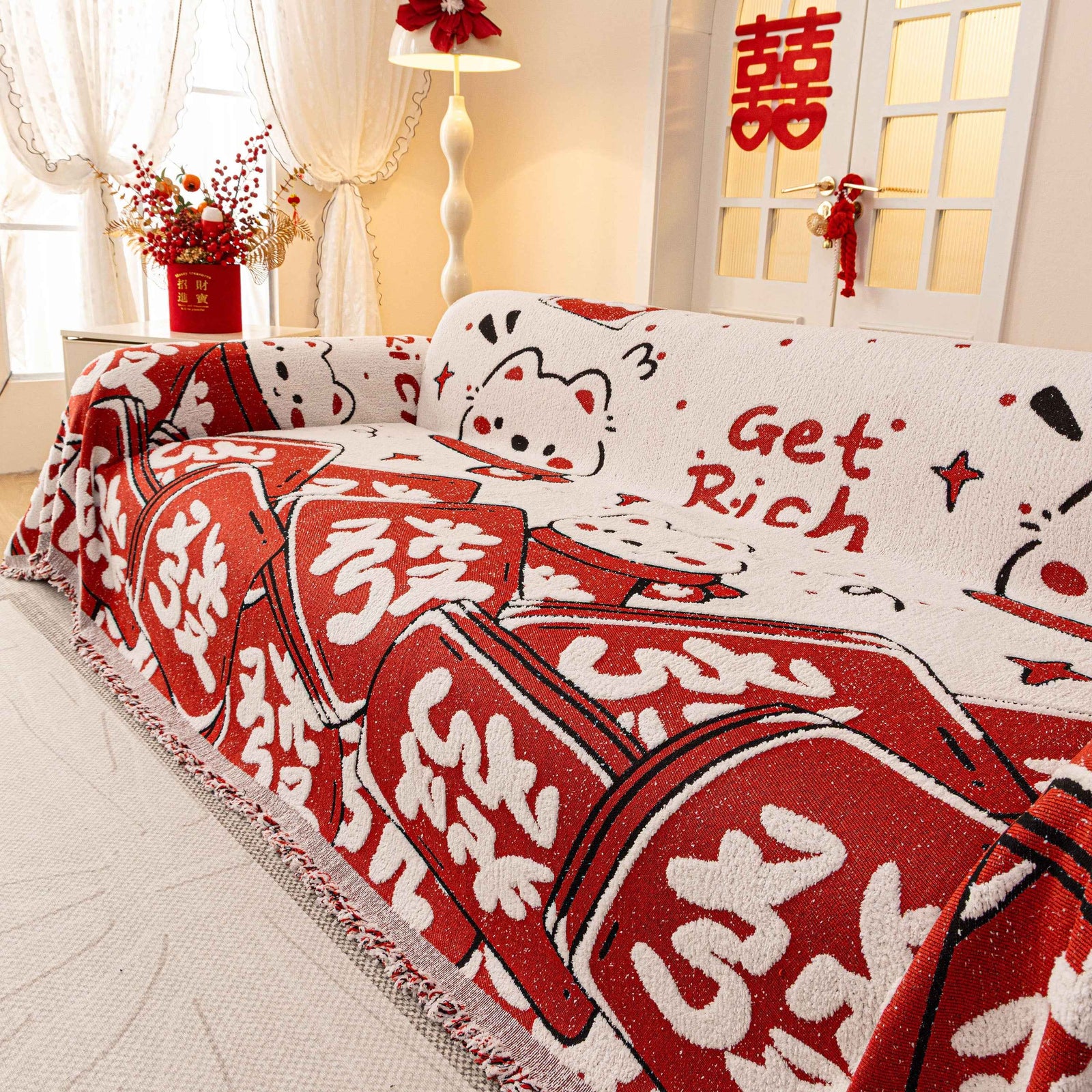 Chinese New Year Sofa Throw Cover Blanket, Decor Festive Red Fu Pattern Couch Cover