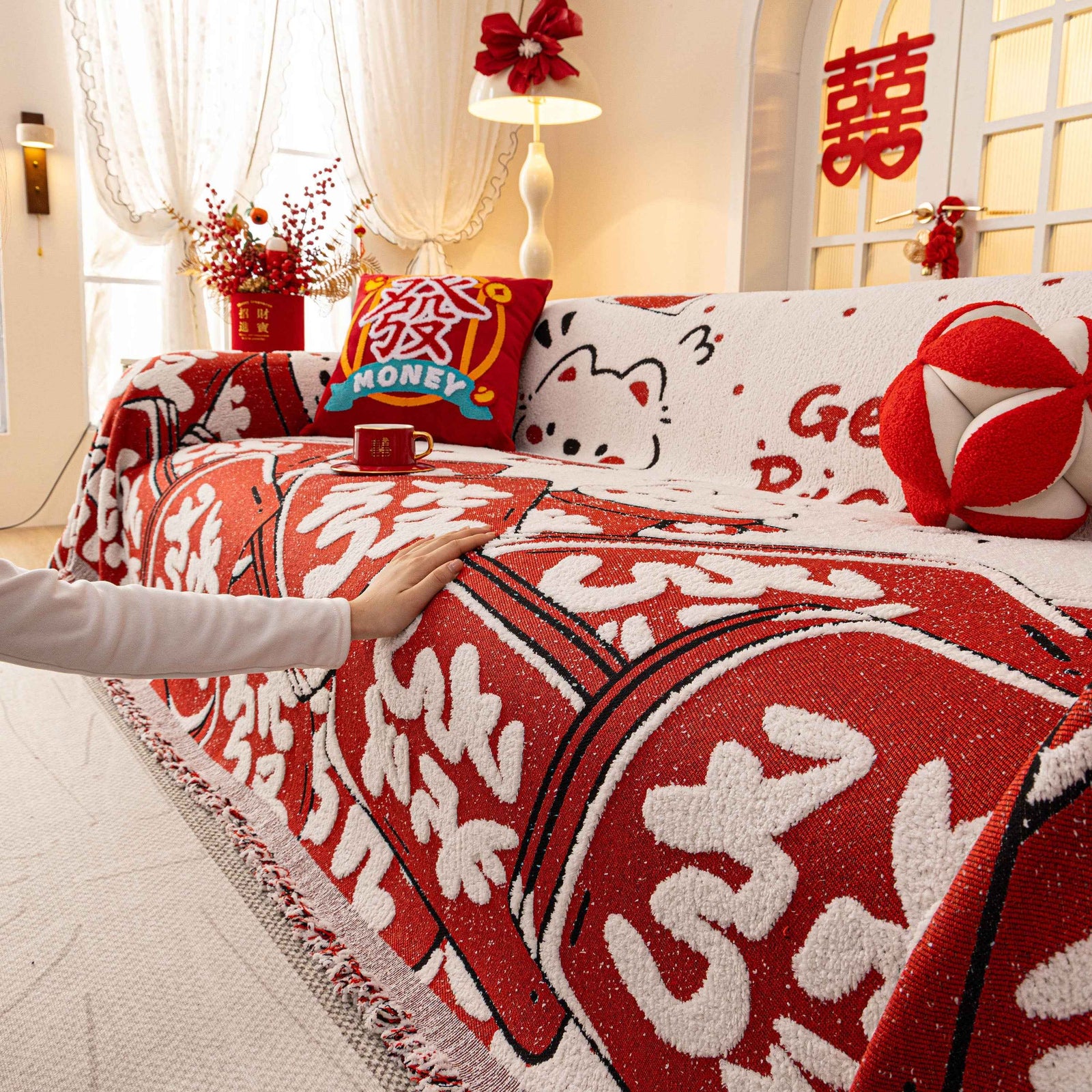Chinese New Year Sofa Throw Cover Blanket, Decor Festive Red Fu Pattern Couch Cover