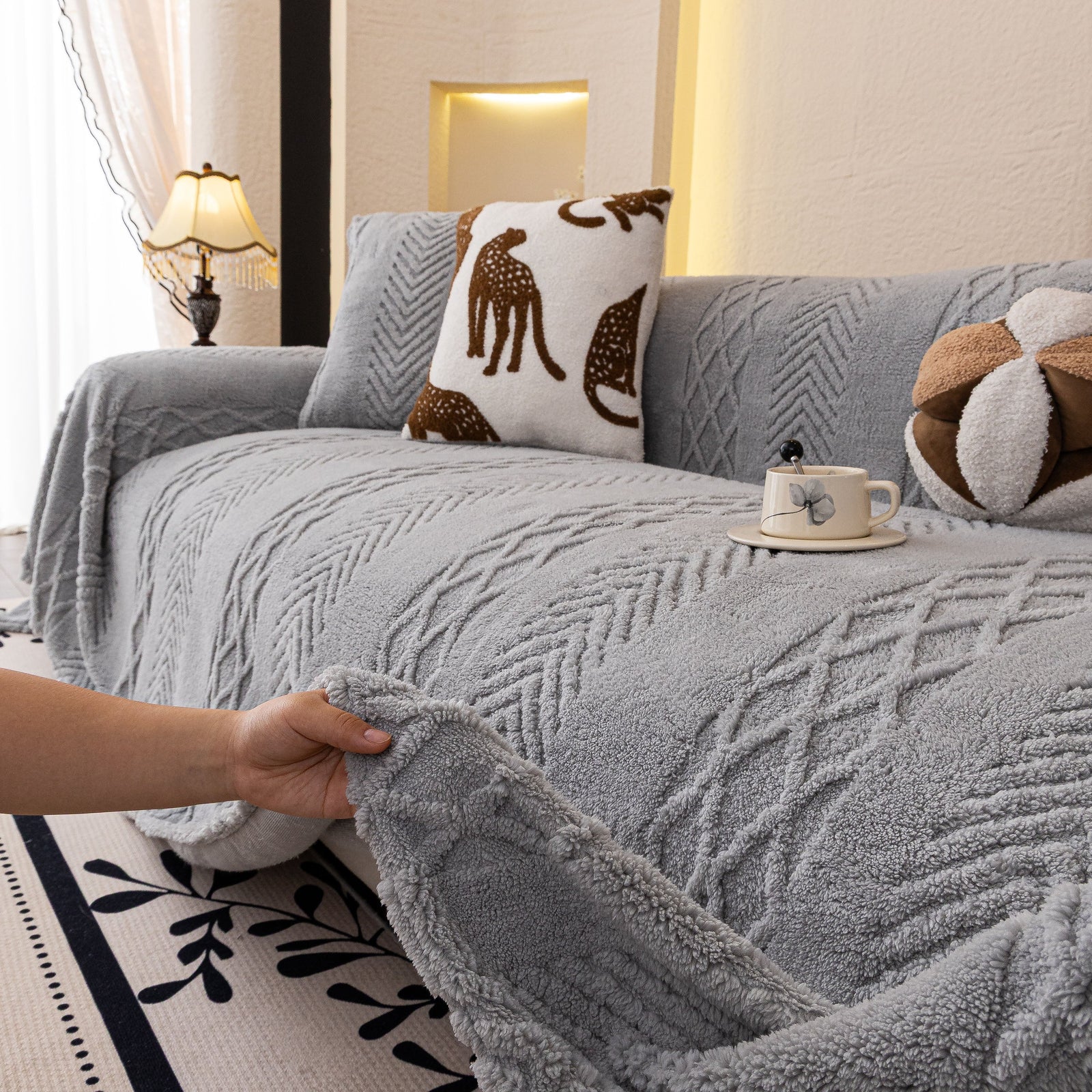 Plush Fleece Sofa Cover with 3D Cable Knit Texture Soft Cozy Warm Sofa Throw Blanket