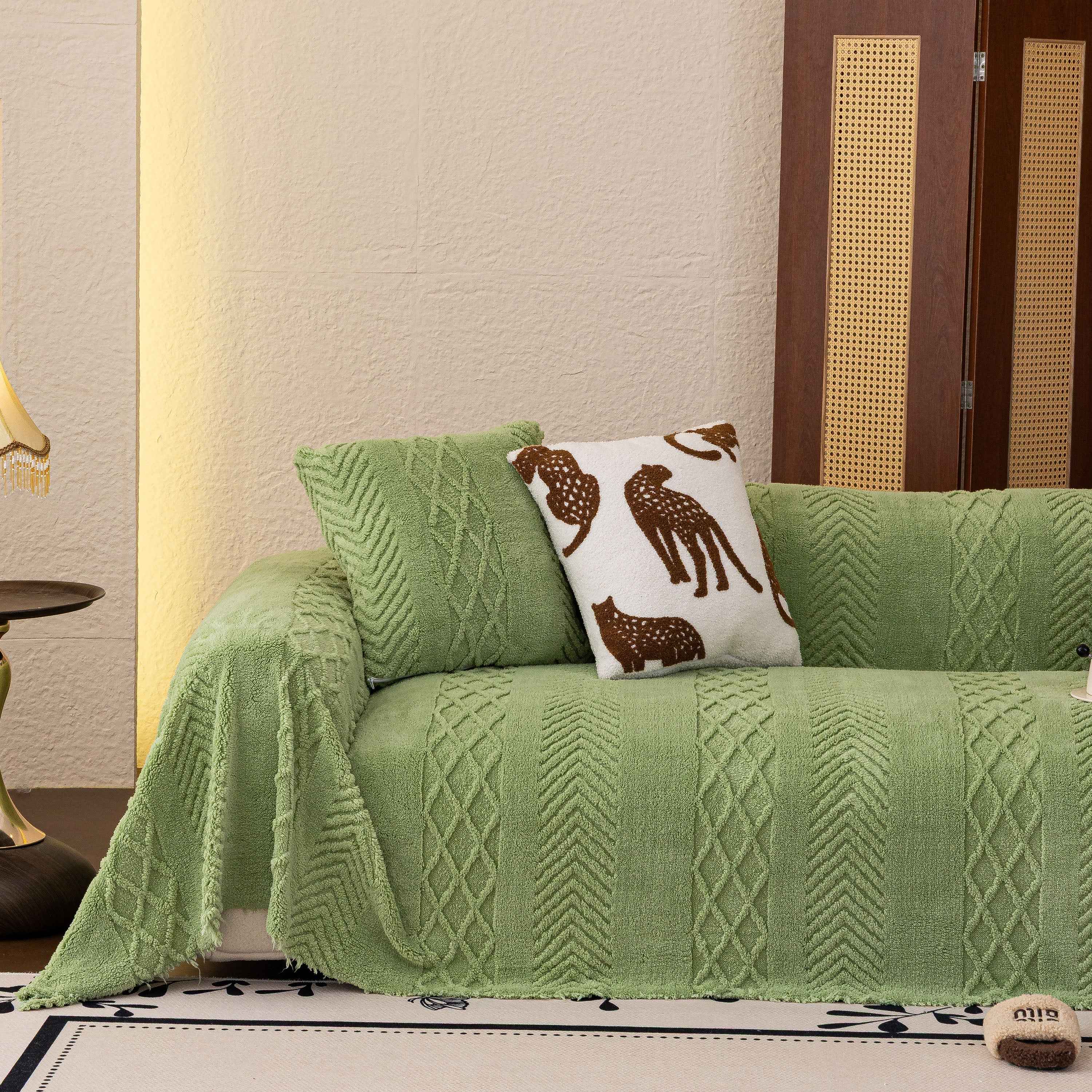 Plush Fleece Sofa Cover with 3D Cable Knit Texture Soft Cozy Warm Sofa Throw Blanket