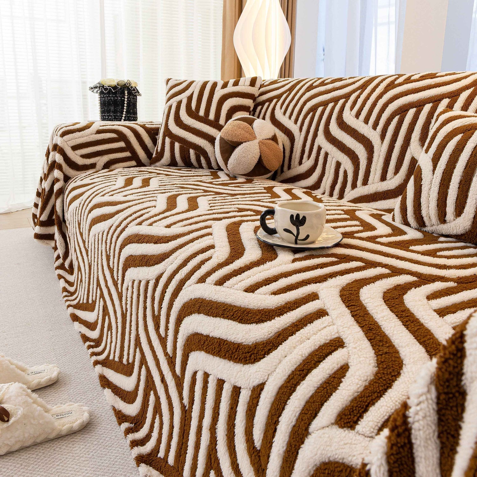 Plush Sherpa Sofa Throw Cover for Sectional, Jacquard Wave Throw Furniture Protector