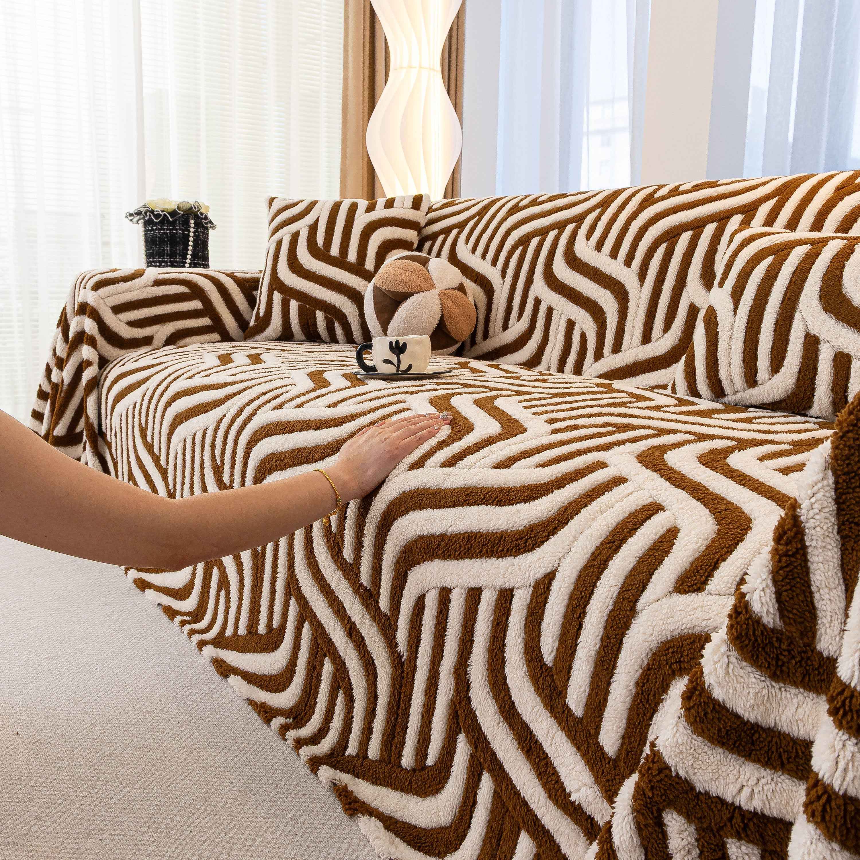Plush Sherpa Sofa Throw Cover for Sectional, Jacquard Wave Throw Furniture Protector