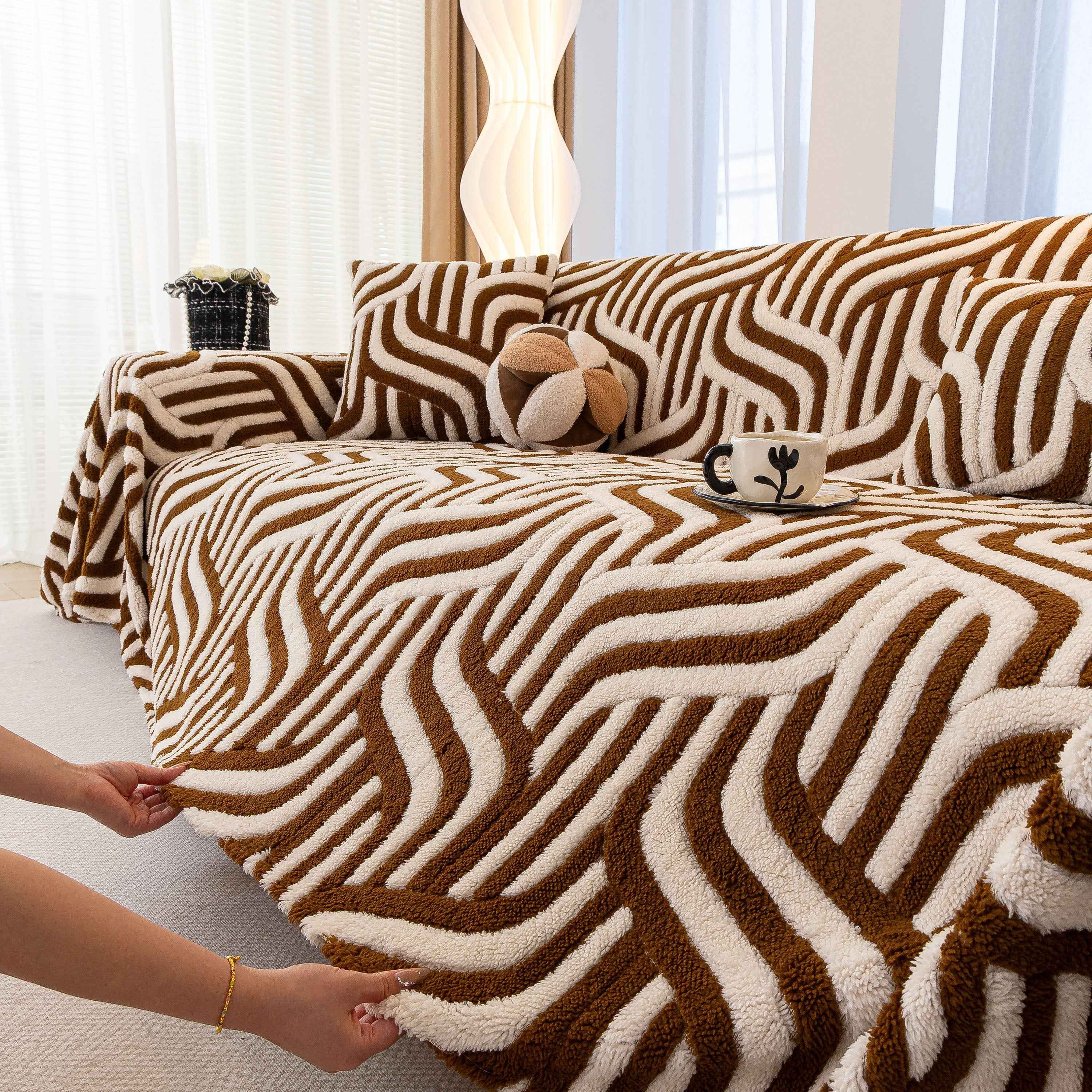 Plush Sherpa Sofa Throw Cover for Sectional, Jacquard Wave Throw Furniture Protector