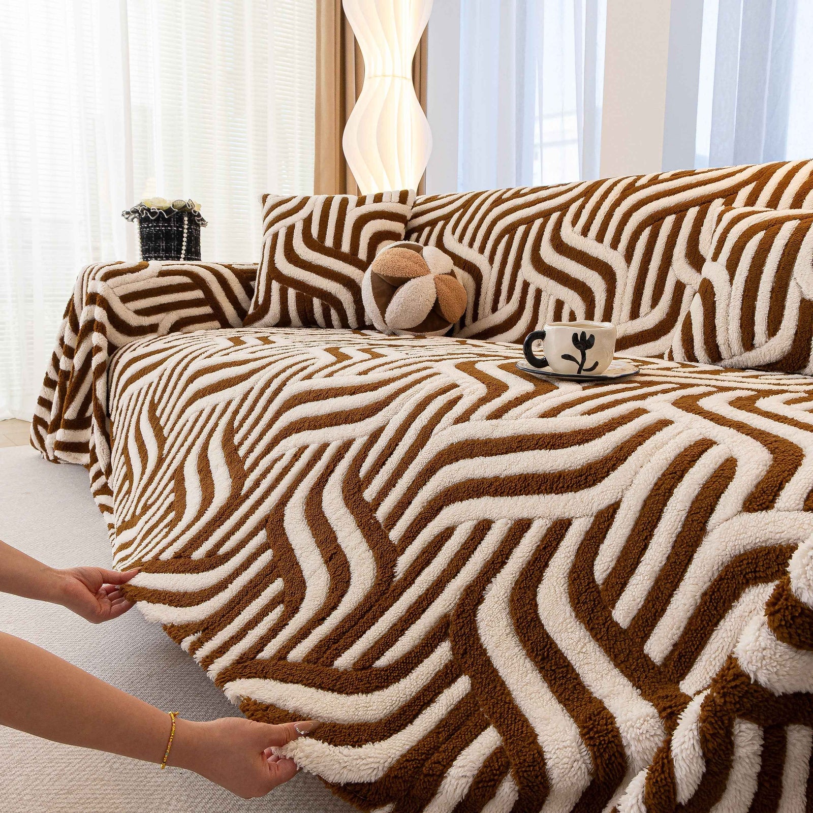 Plush Sherpa Sofa Throw Cover for Sectional, Jacquard Wave Throw Furniture Protector