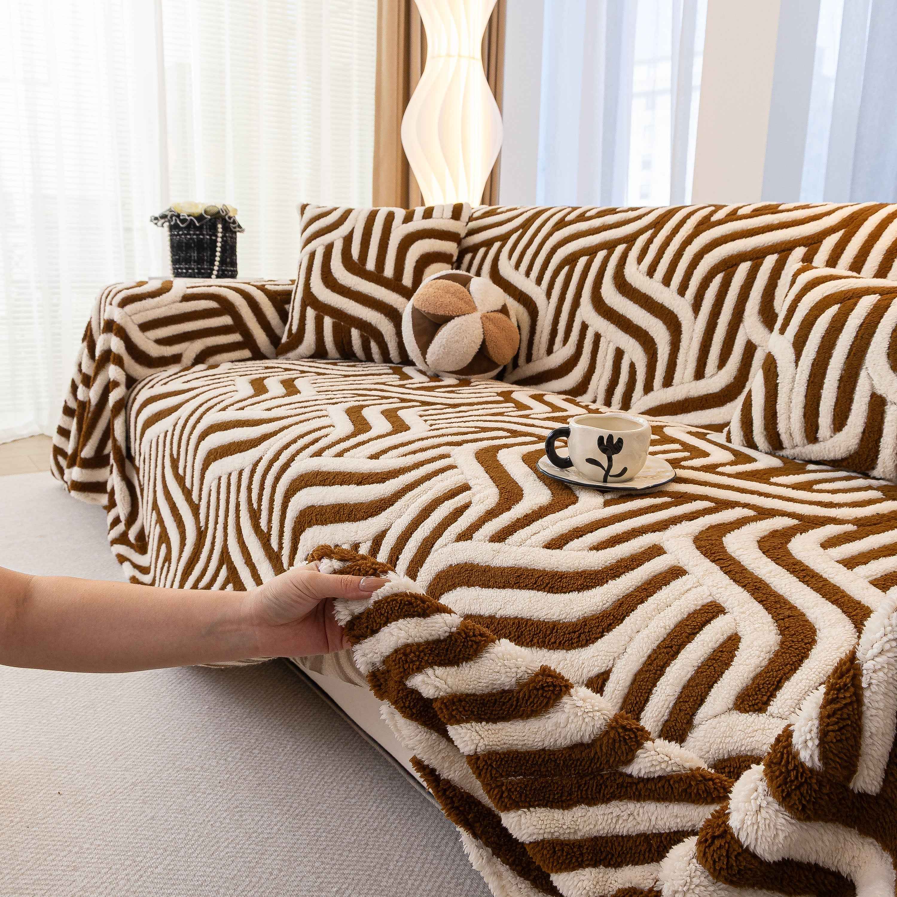 Plush Sherpa Sofa Throw Cover for Sectional, Jacquard Wave Throw Furniture Protector
