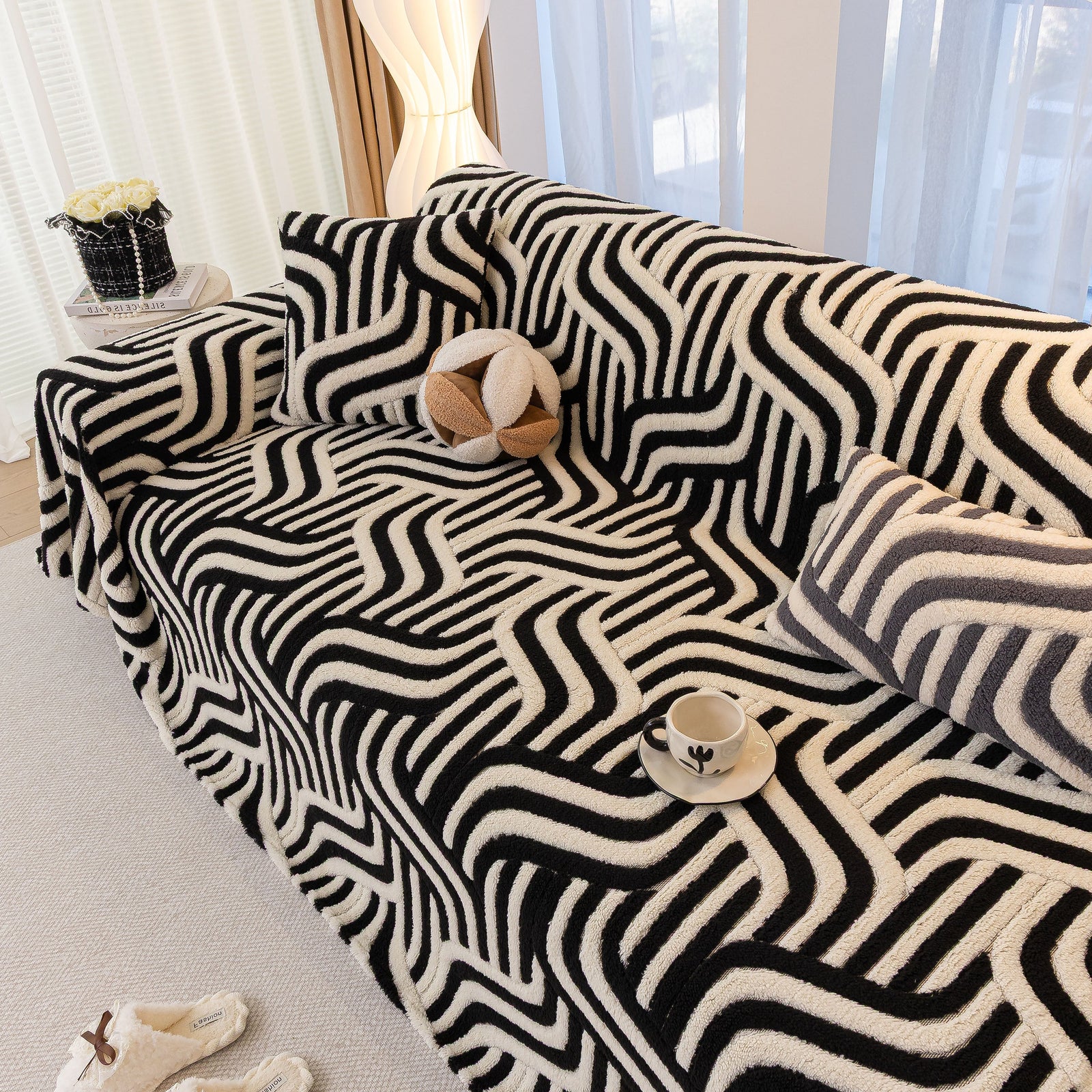 Plush Sherpa Sofa Throw Cover for Sectional, Jacquard Wave Throw Furniture Protector