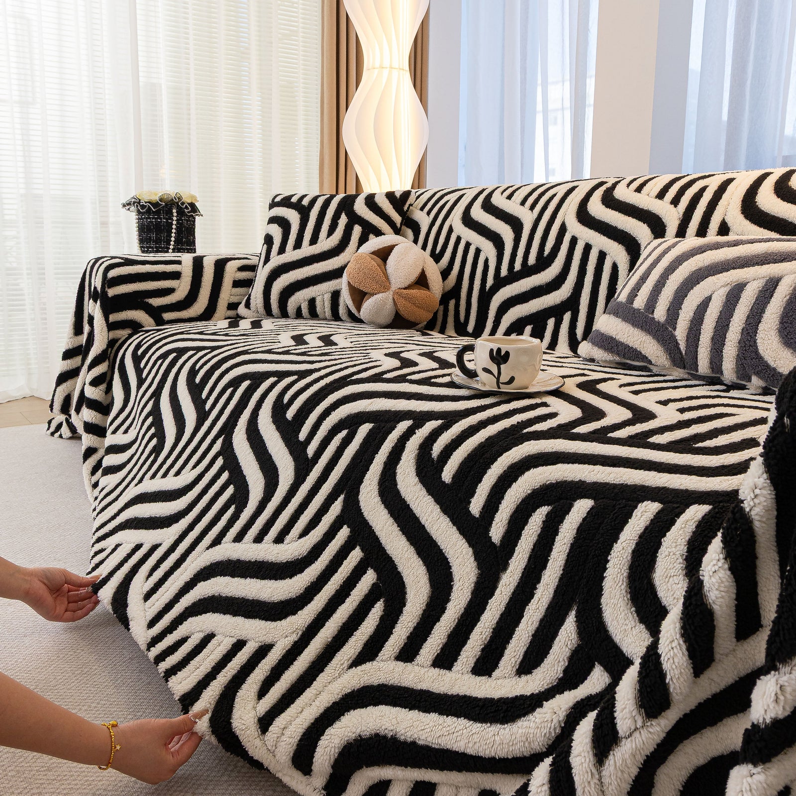 Plush Sherpa Sofa Throw Cover for Sectional, Jacquard Wave Throw Furniture Protector