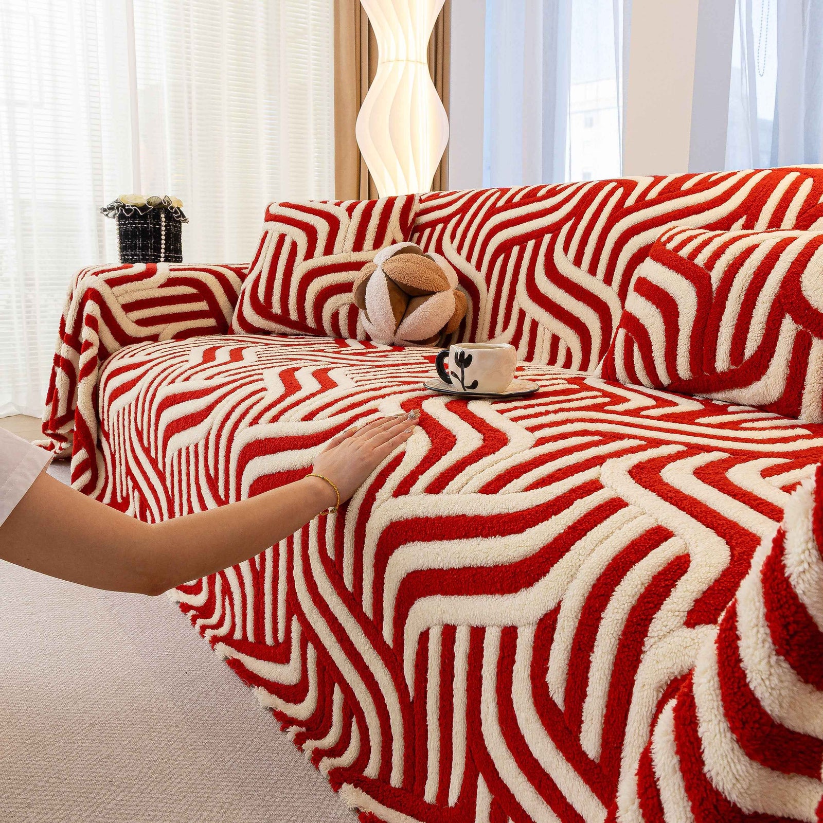 Plush Sherpa Sofa Throw Cover for Sectional, Jacquard Wave Throw Furniture Protector