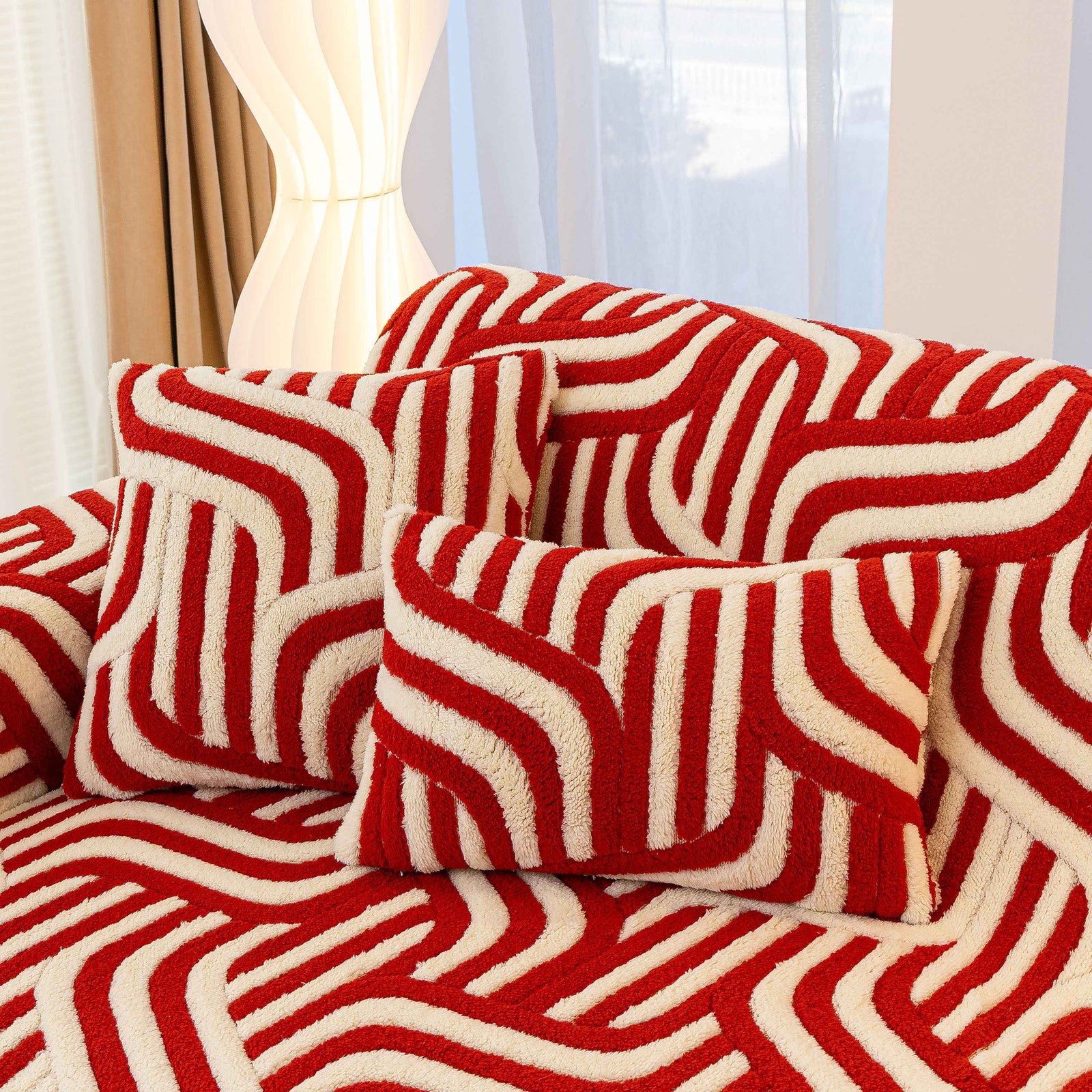 Plush Sherpa Sofa Throw Cover for Sectional, Jacquard Wave Throw Furniture Protector