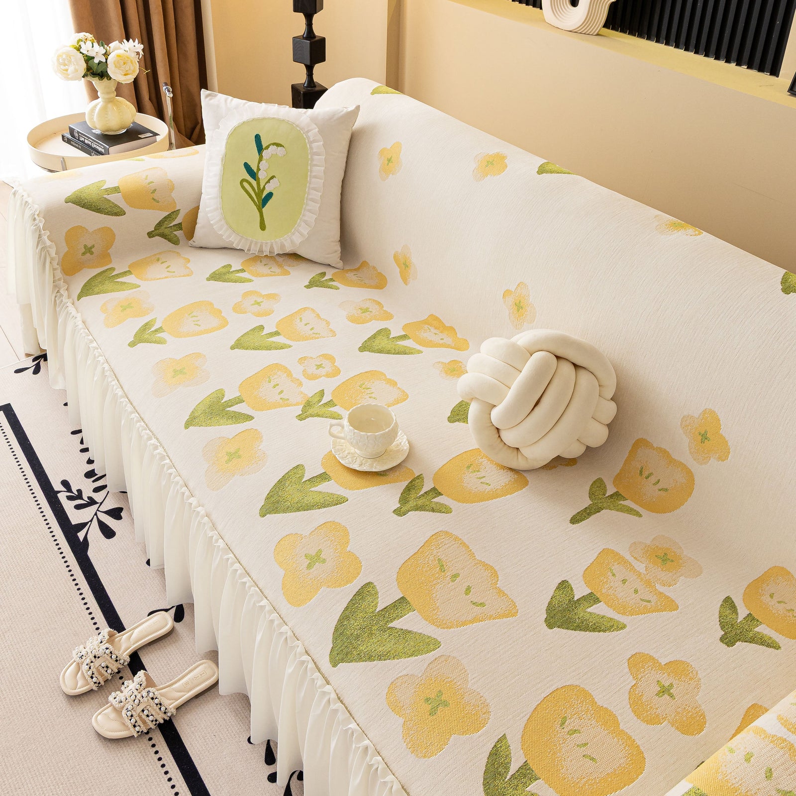 Ruffled Sweet Floral Sofa Cover with Skirt, Soft and Decorative Couch Throw Cover