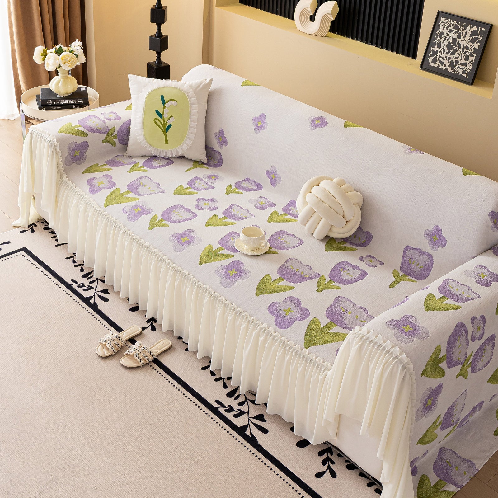 Ruffled Sweet Floral Sofa Cover with Skirt, Soft and Decorative Couch Throw Cover