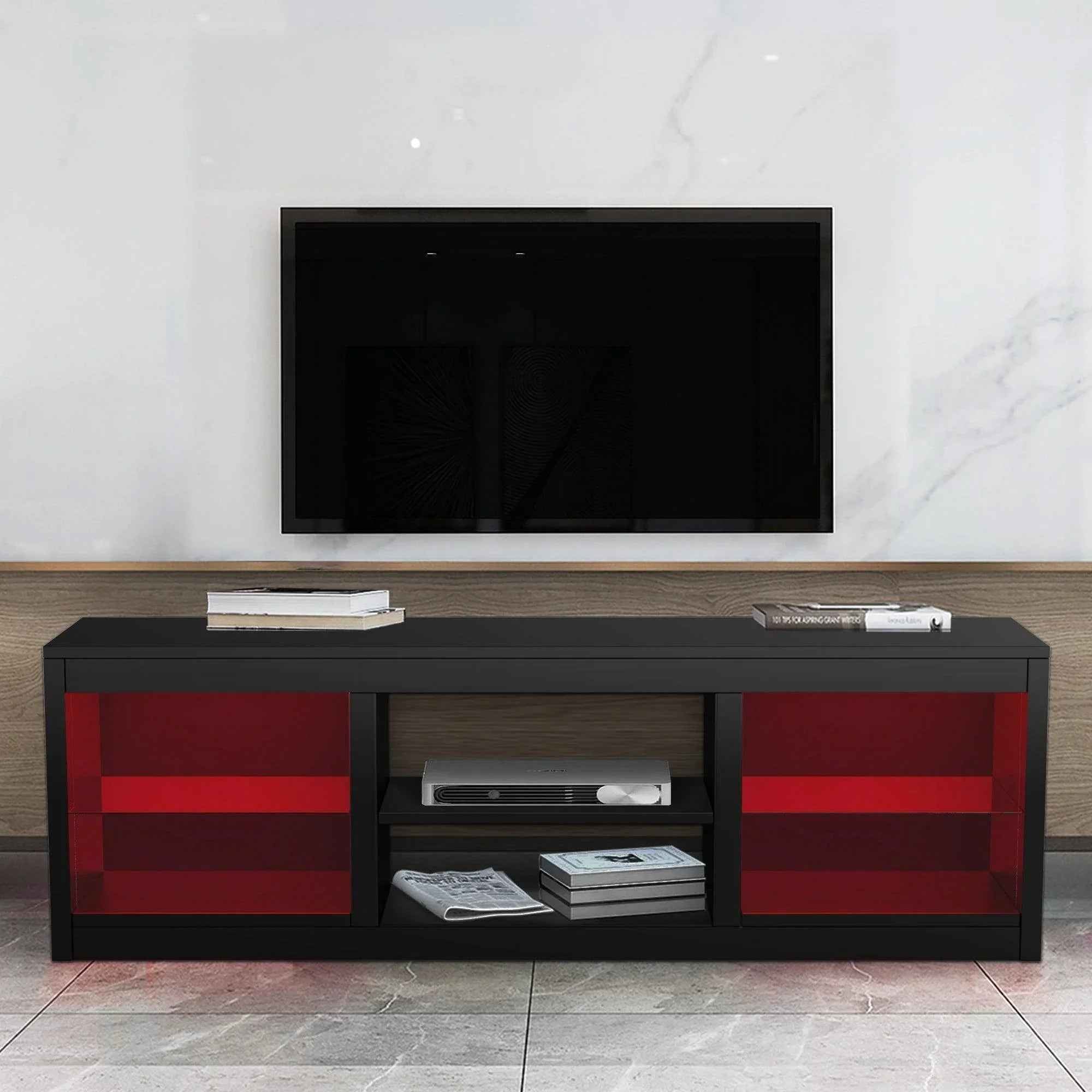 66" Modern LED TV Stand Entertainment Center with Glass Shelves for Living Room