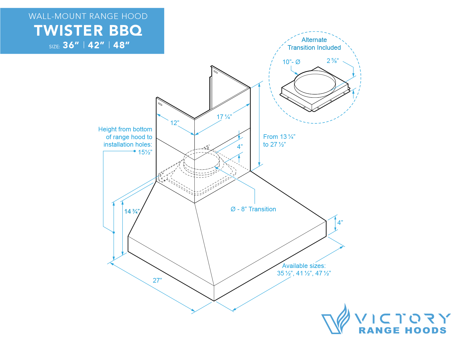 42 Inch 1200 CFM Outdoor Wall Mounted BBQ Range Hood - VICTORY Twister BBQ
