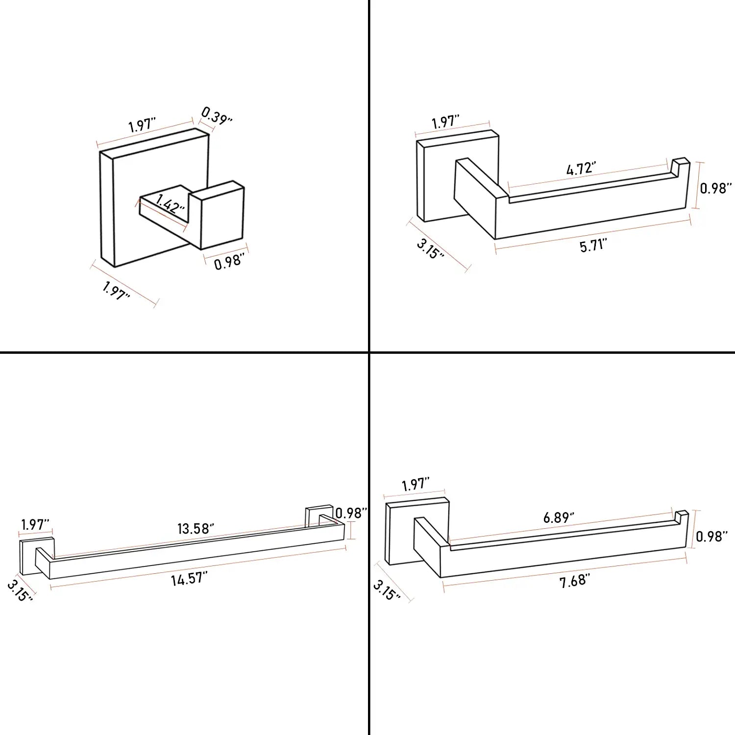 Luxurious 4-Piece Stainless Square Matte Black Bathroom Hardware Set: Towel Bar, Towel Ring, Toilet Paper Holder, Robe Hook, and Tower Holder - Wall Mounted